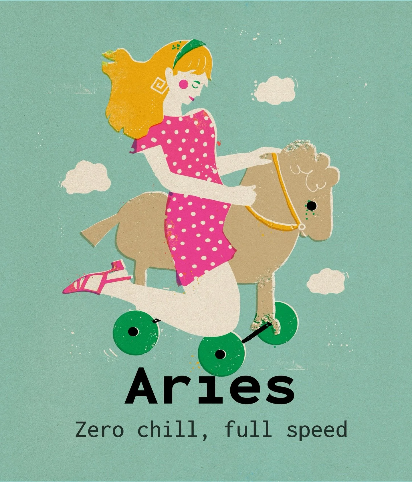 at first, the shark was between her legs 🤡 Then, after thinking about it, I decided that it was not creative and funny enough - I replaced it with a children&rsquo;s retro horse. I love his slightly stunned look 👀 

Update about the prints - I thin