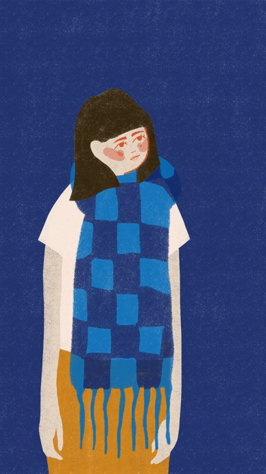 Illustration of a young girl with dark hair, wearing glasses, a white t-shirt, an orange skirt, and a blue checkered scarf, standing against a dark blue background.