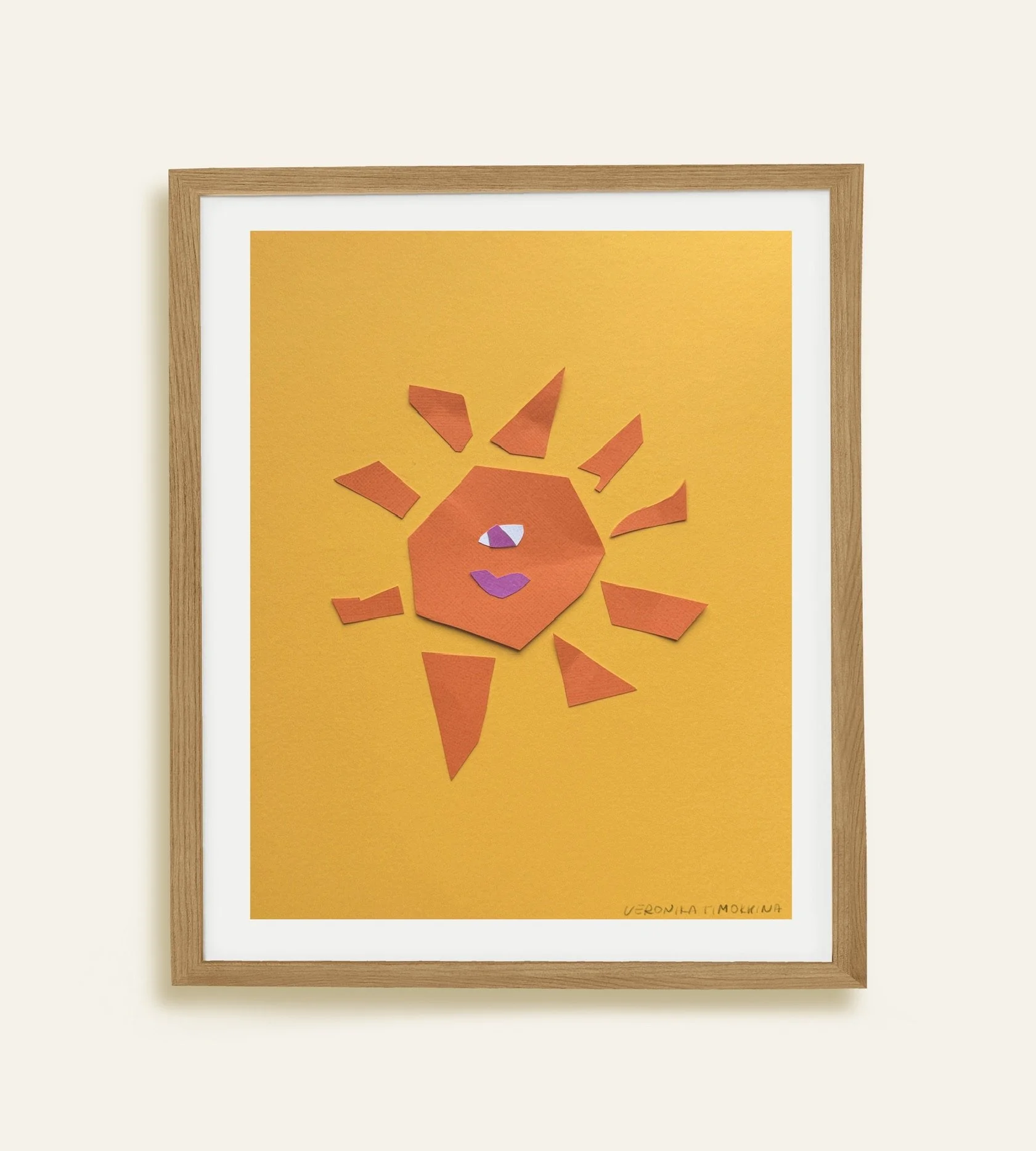 orange sun on yellow background paper-cut handmade collage illustration