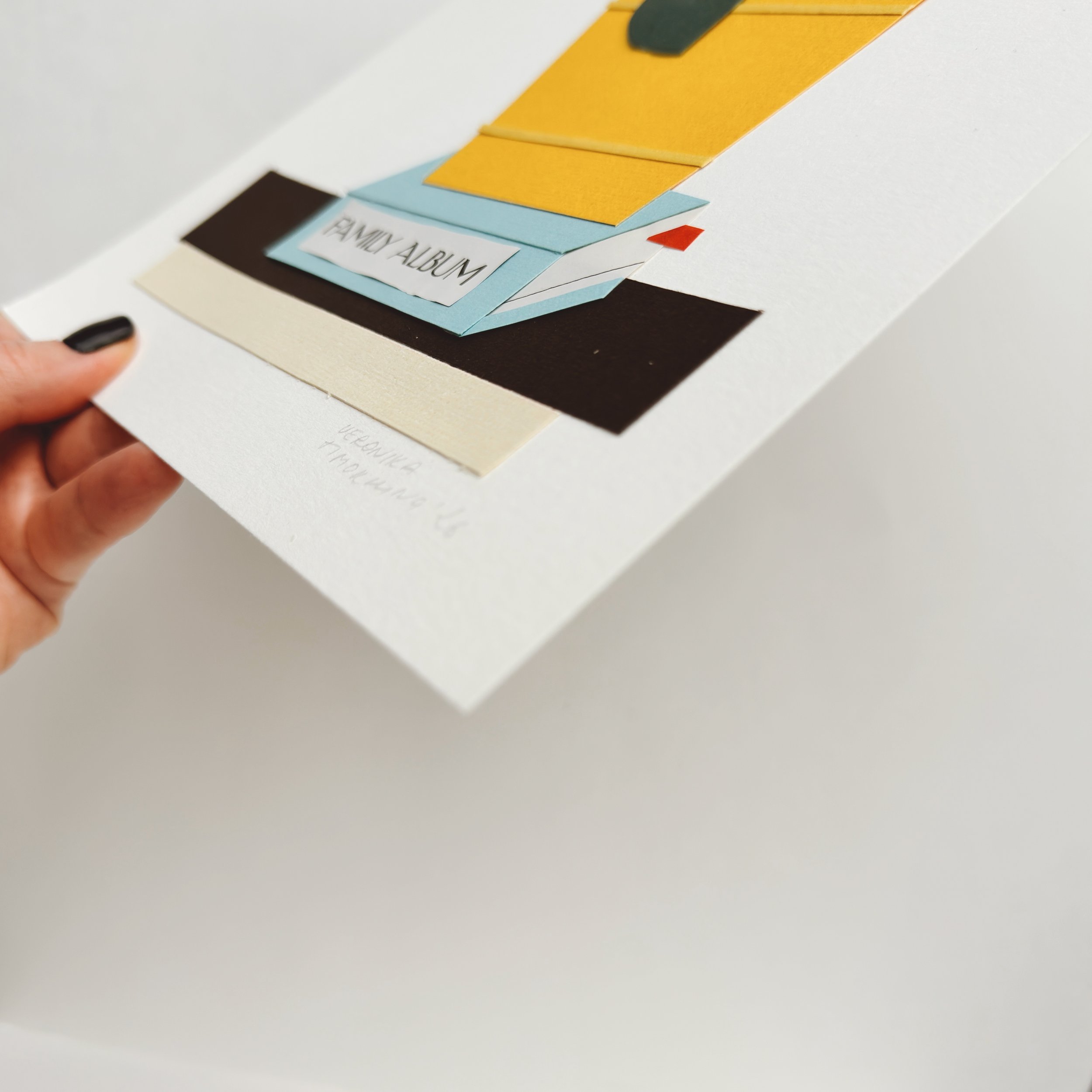 Minimalist paper art by Cincinnati artist. Scaled view of original collage, green leaves