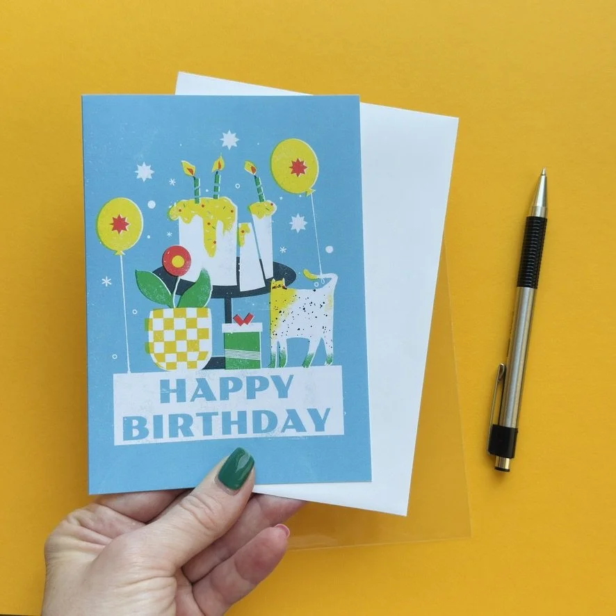 Happy Birthday greeting card with whimsical retro illustration and envelope