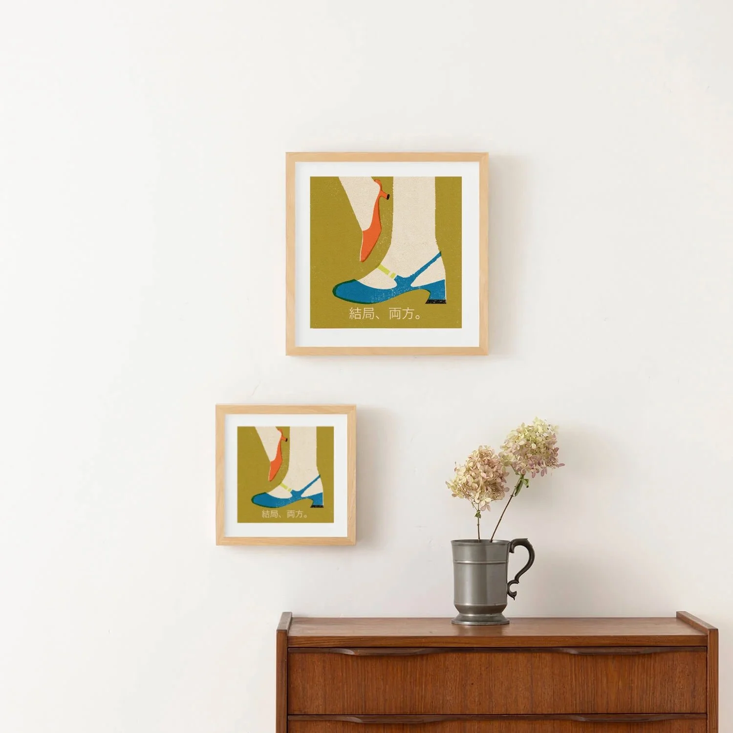 Framed Shoeslover art print featuring colorful blue and orange women’s shoes in a playful fashion illustration.