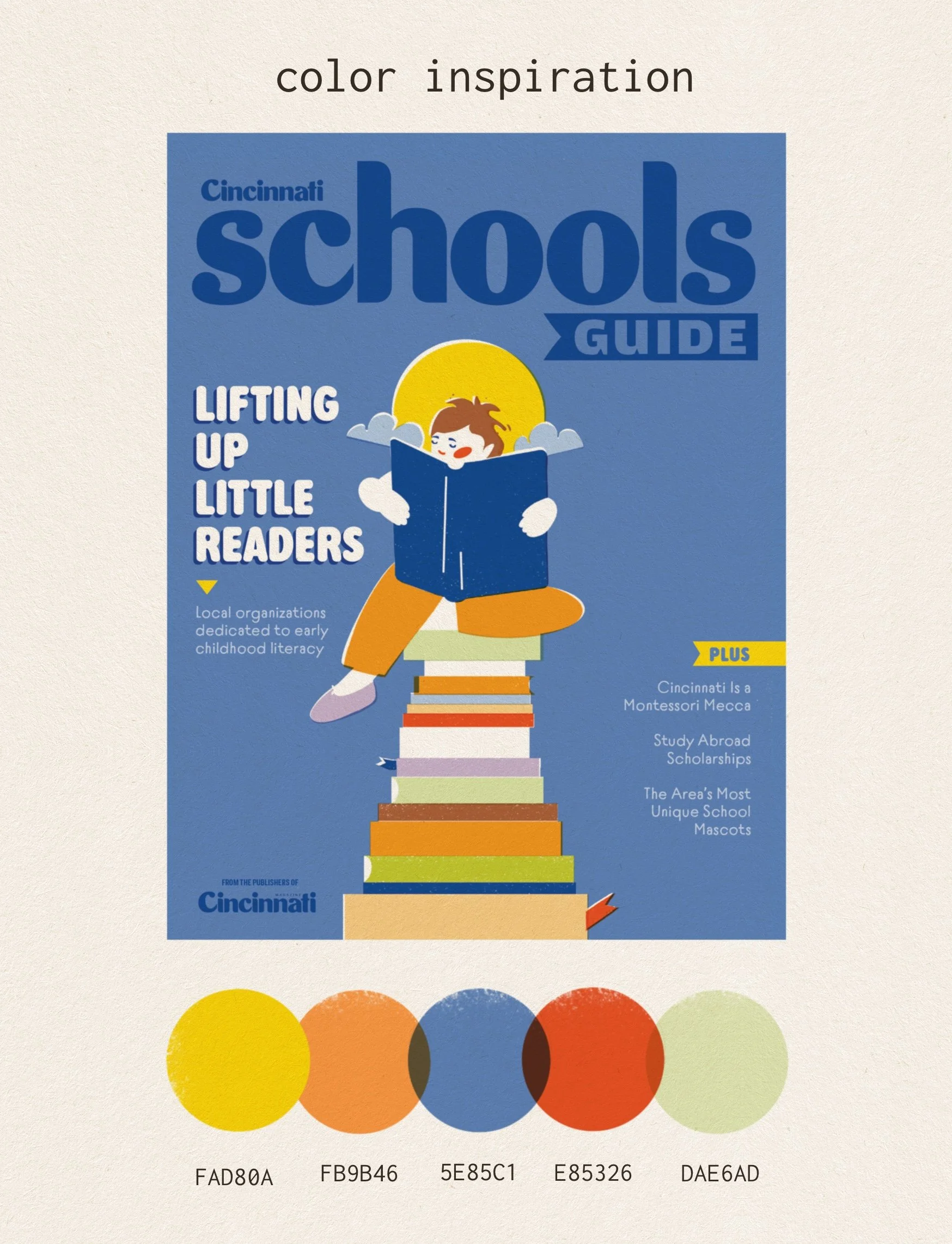 Color palette for Cincinnati Schools Guide 2026 cover illustration, warm yellows oranges and blues by vteronikart Veronika Timokhina