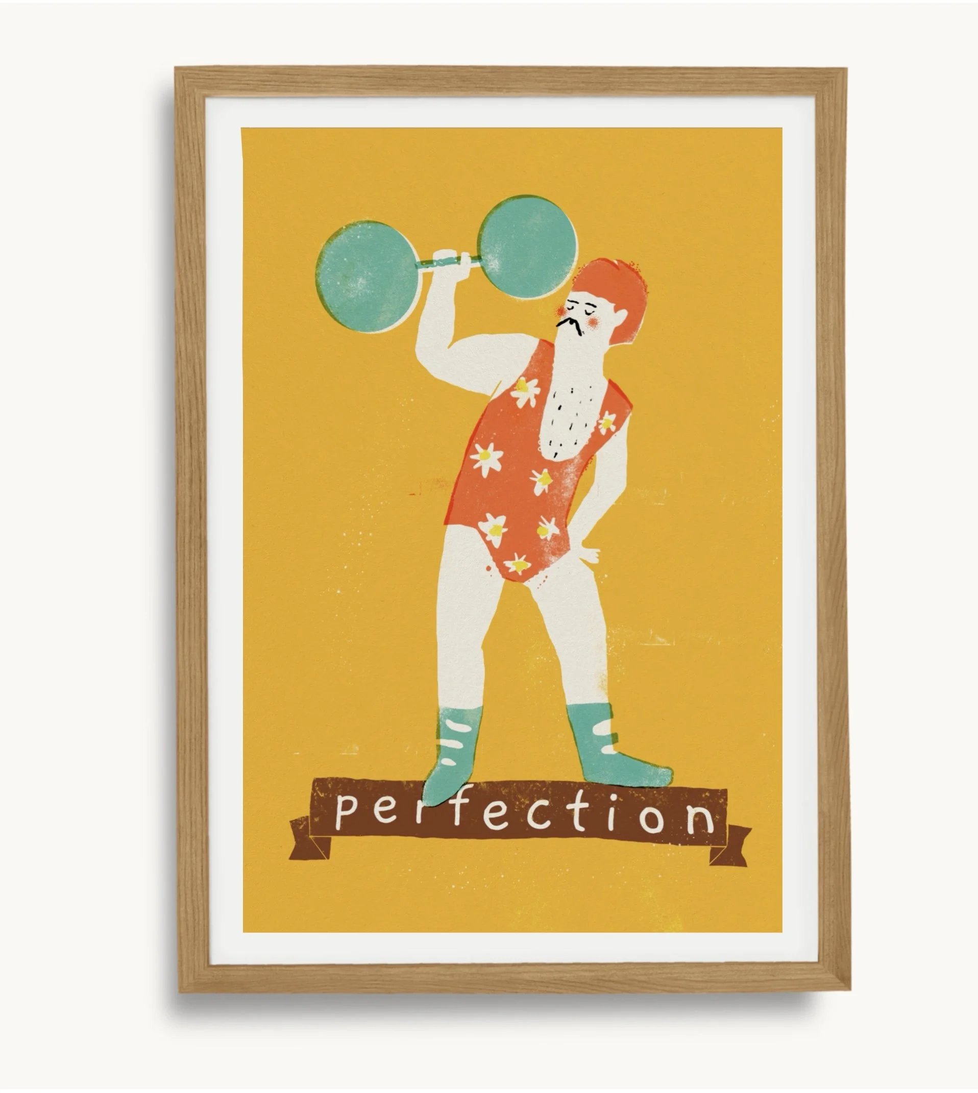 Perfection digital artwork, risograph print, retro yellow , orange, blue, red colors, men with weights