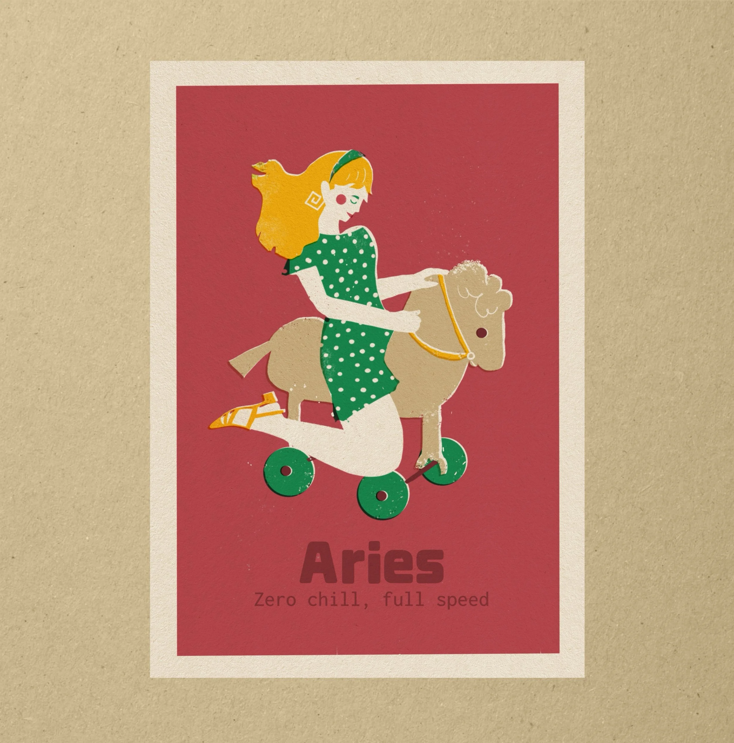 Aries zodiac art print: white cat on a red background in risograph style. Text: "Aries - The bold and the brave." By Vteronikart.