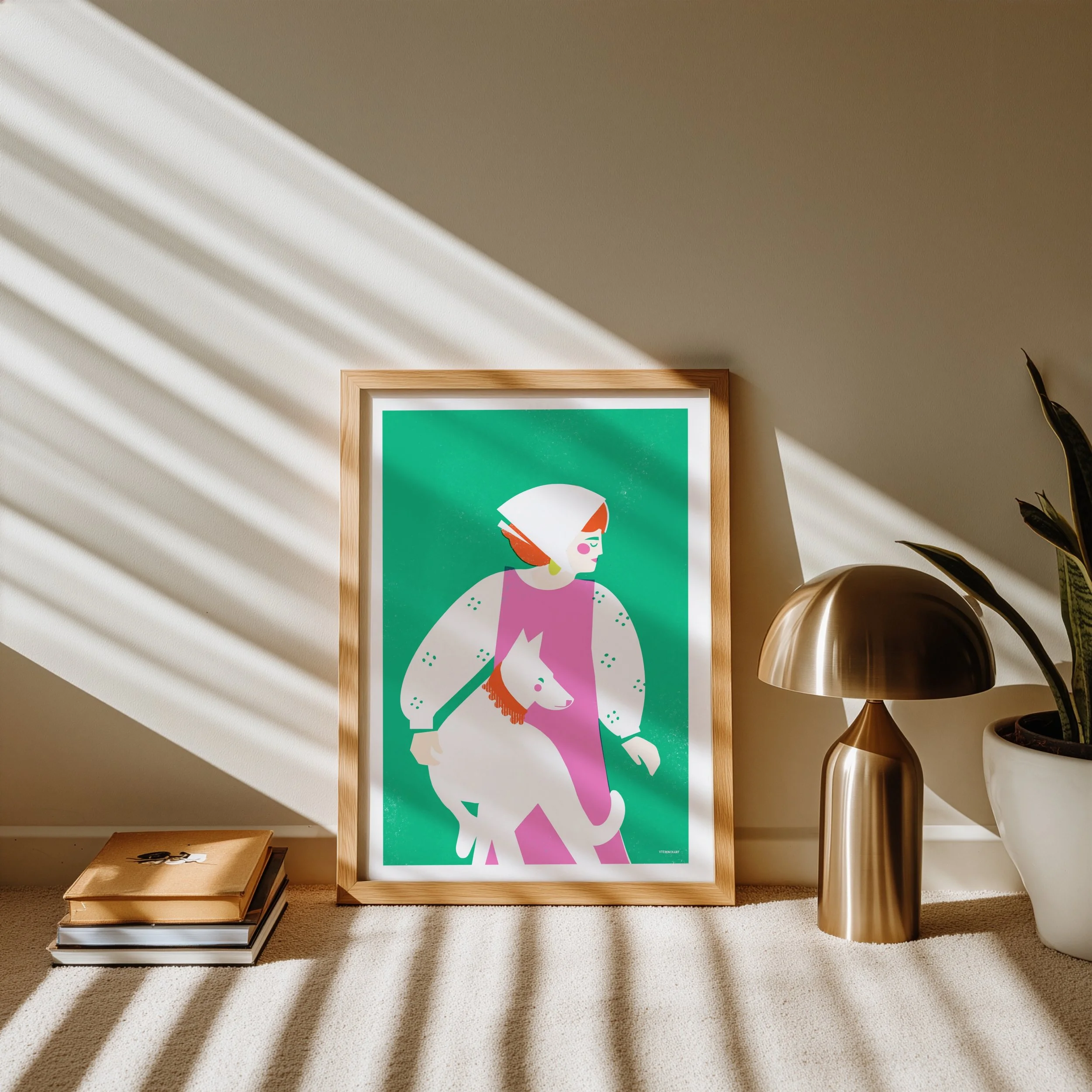 Framed woman and dog retro art print in cozy home interior with gold lamp and plant, green pink colorful wall decor by vteronikart by Veronika Timokhina vteronikart