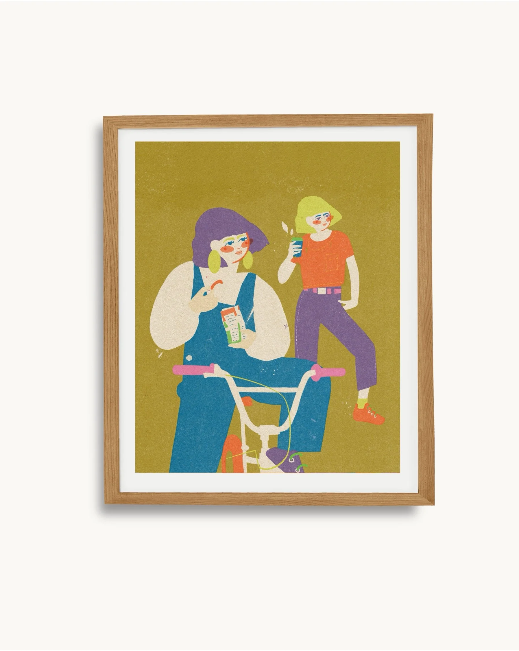 two women friends sharing coffee by a bike, illustration in warm tones  wooden framed giclée art print by vteronikart, cincinnati