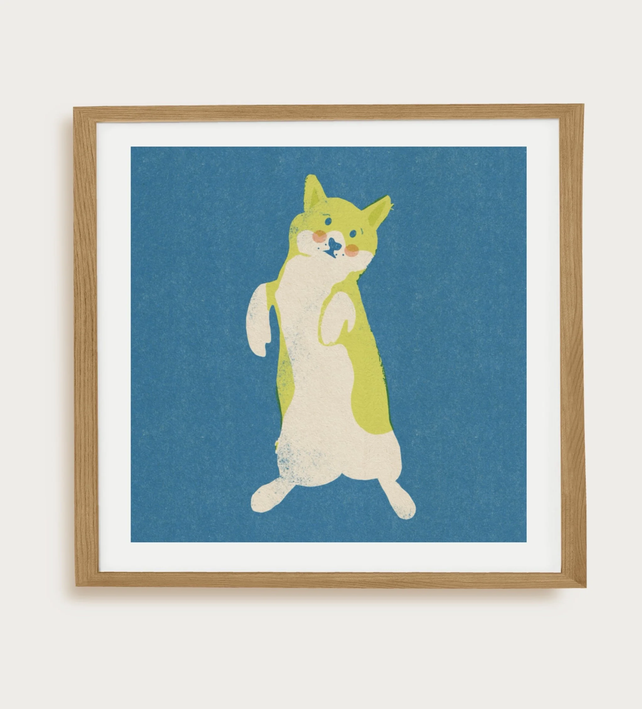 Illustration of a cheerful standing corgi with a playful expression against a bright blue background.