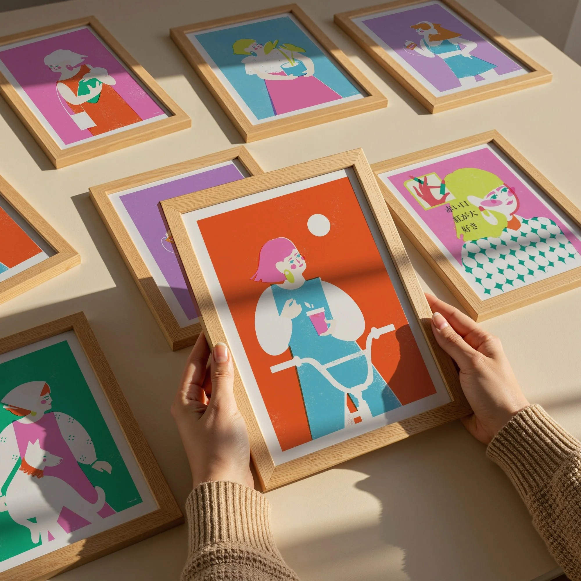 Modern illustration of a girl with pink hair holding a coffee cup next to a bicycle, set in a light oak frame against a neutral wall.