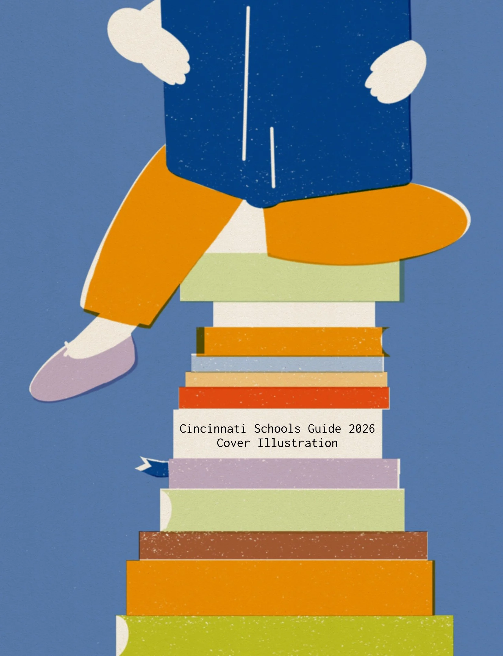 Detail of colorful stacked books from Cincinnati Schools Guide 2026 cover art by Cincinnati illustrator Veronika Timokhina