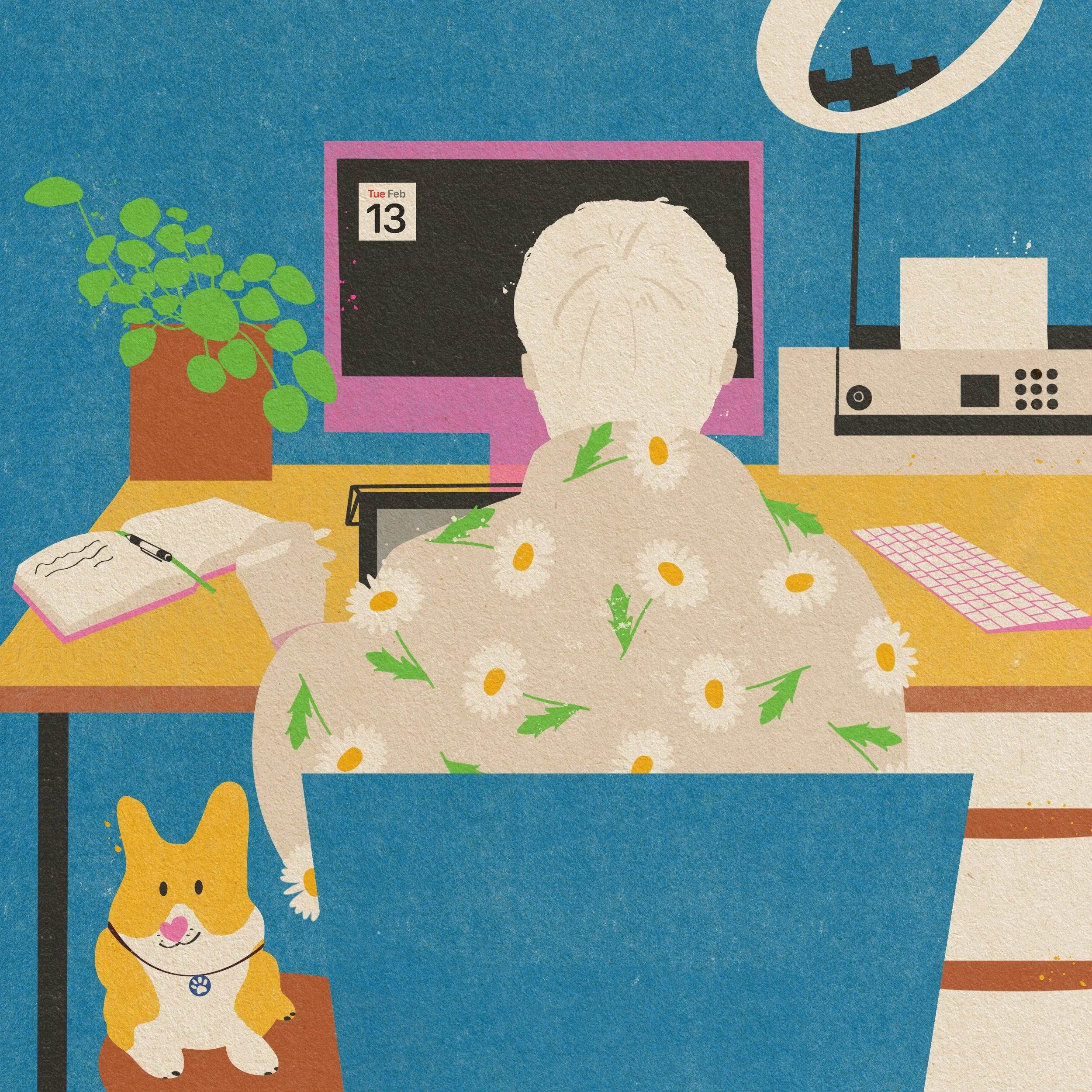 Illustration by Veronika Timokhina of a person working at a desk with a corgi nearby, in a blue home office scene — vteronikart studio, Cincinnati