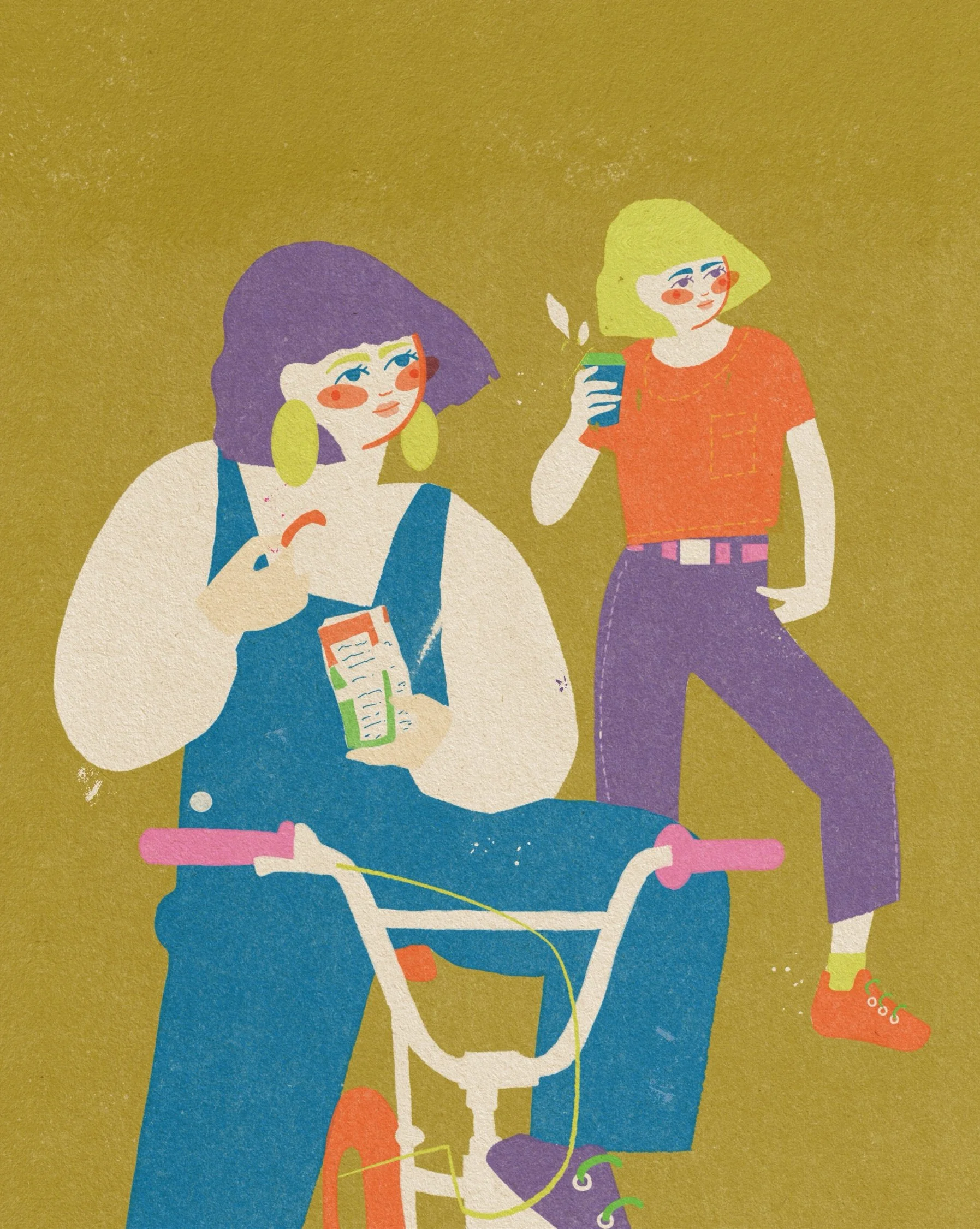two women friends sharing coffee by a bike, illustration in warm tones giclée art print by vteronikart, cincinnati