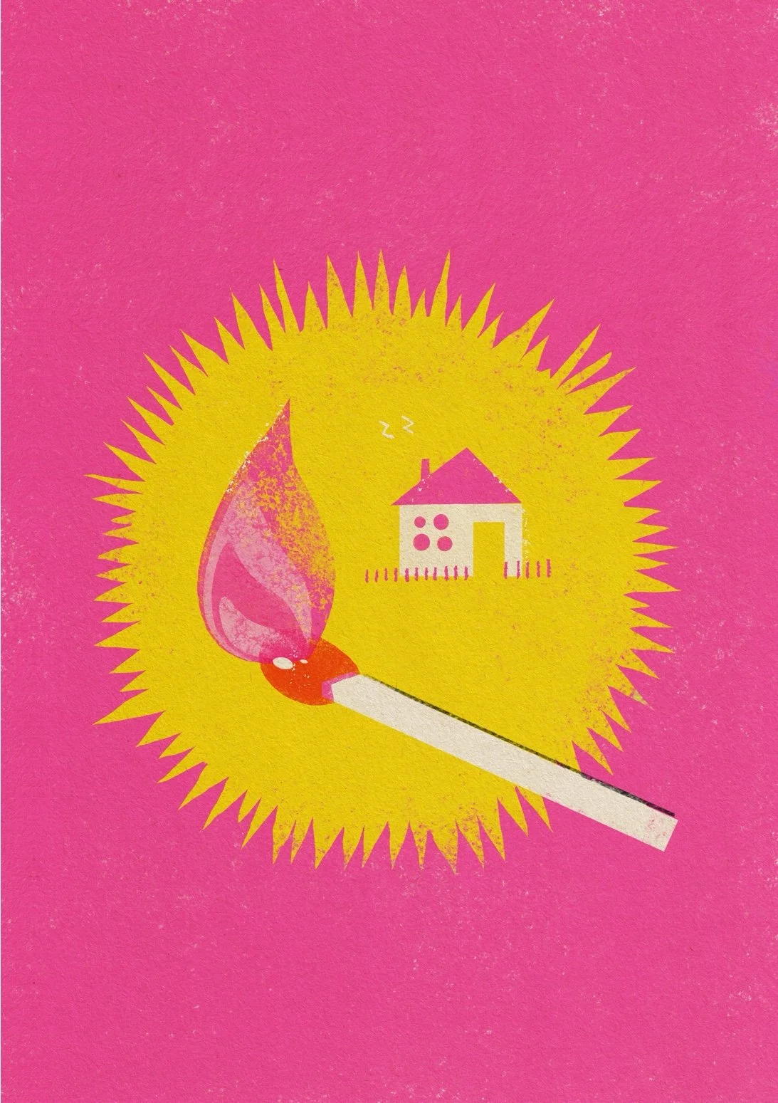 Burning match with a pink flame next to a small sleeping house in a colorful conceptual illustration - modern illustration art print by vteronikart, cincinnati