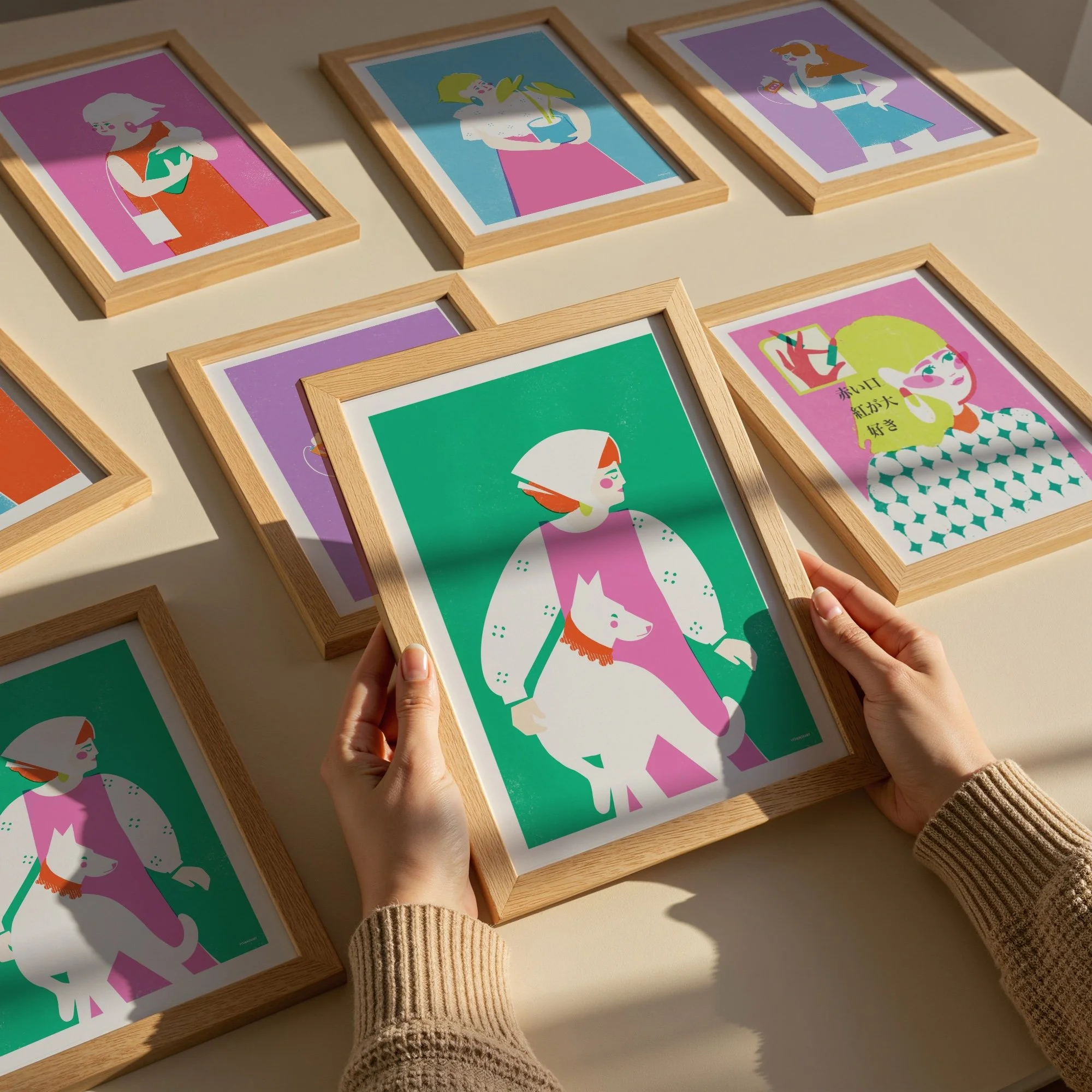 Hands holding By Your Side art print from Portraits of Her collection, six framed colorful female portraits displayed together by Veronika Timokhina vteronikart