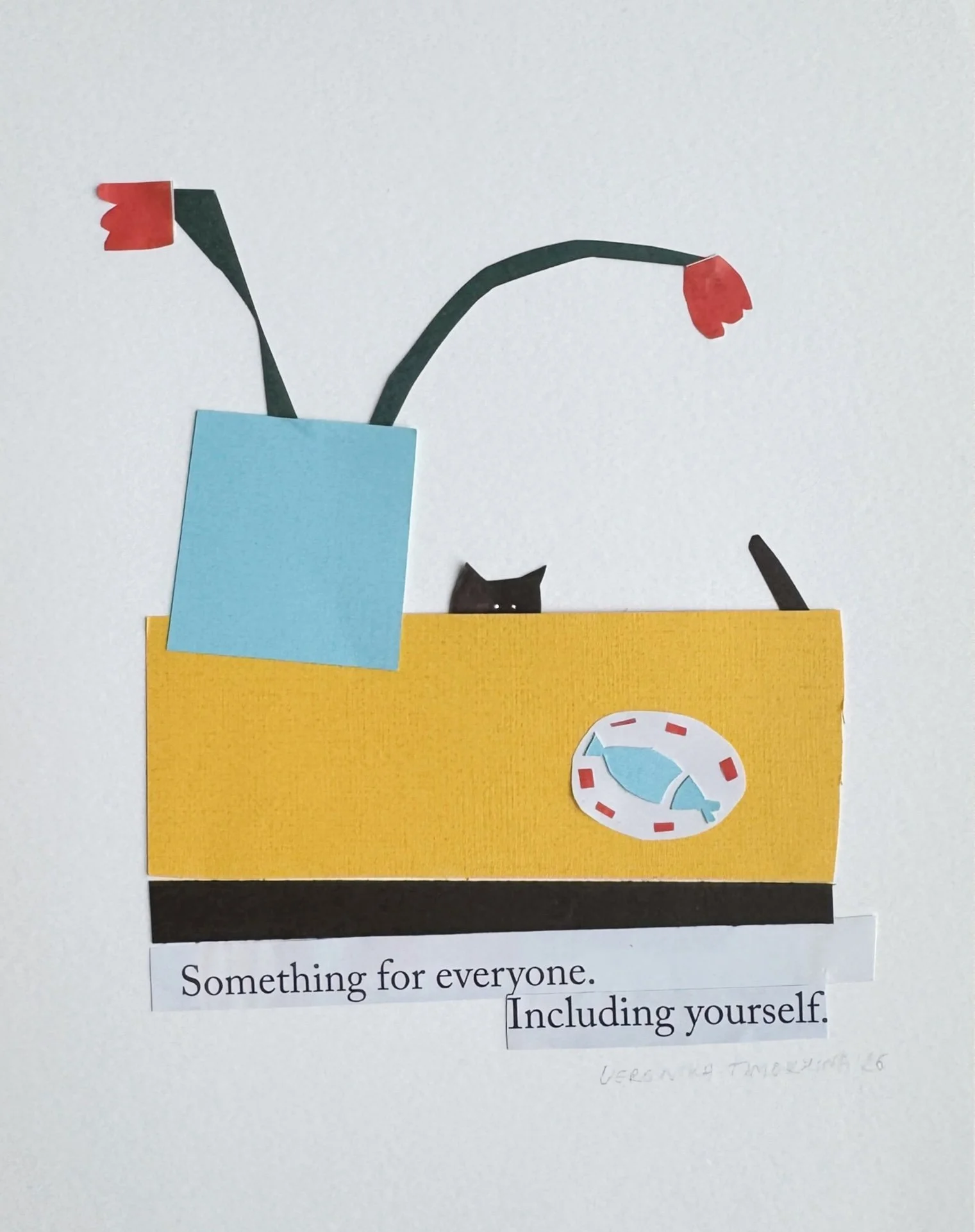 Cunning cat paper collage with yellow table, black cat, red tulips and fish