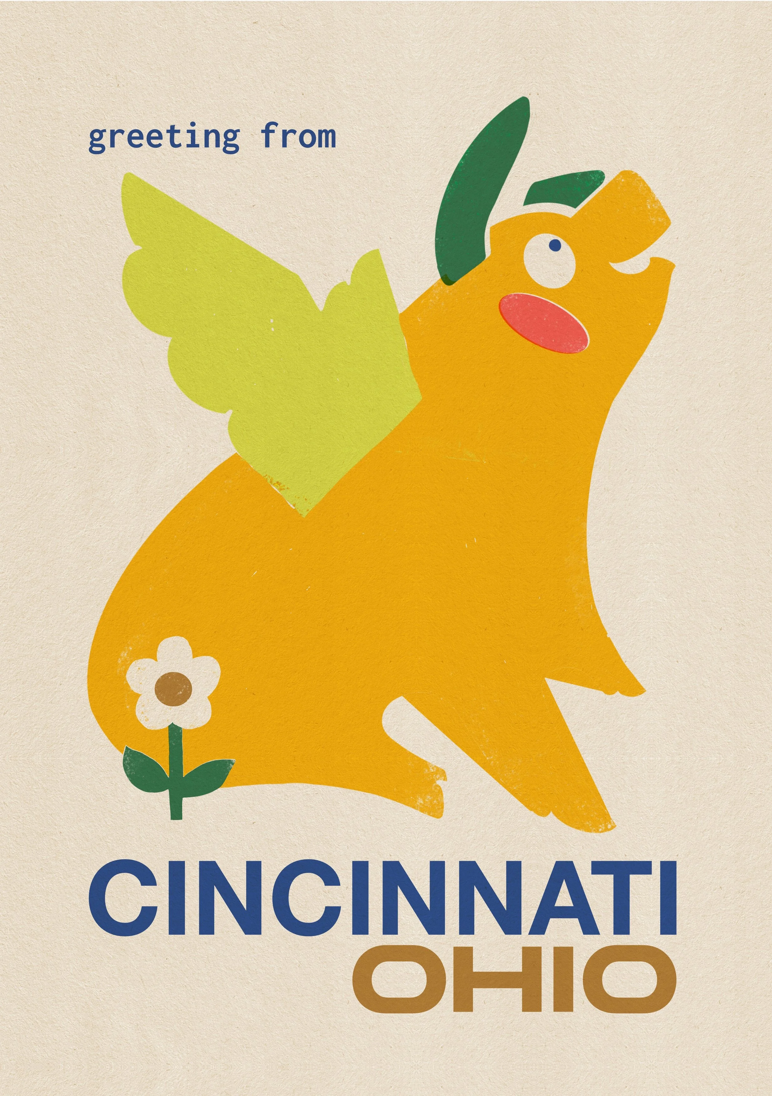 Close-up of Flying Pig illustration and "CINCINNATI" retro typography