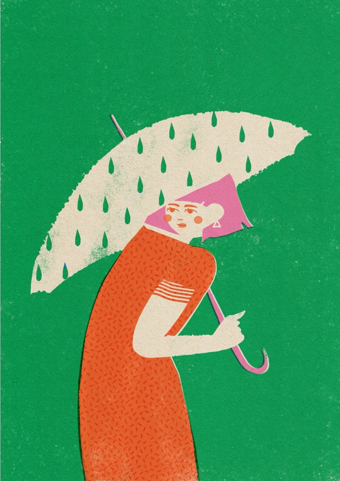 woman with umbrella in the rain, red dress, green background - modern illustration art print by vteronikart, cincinnati