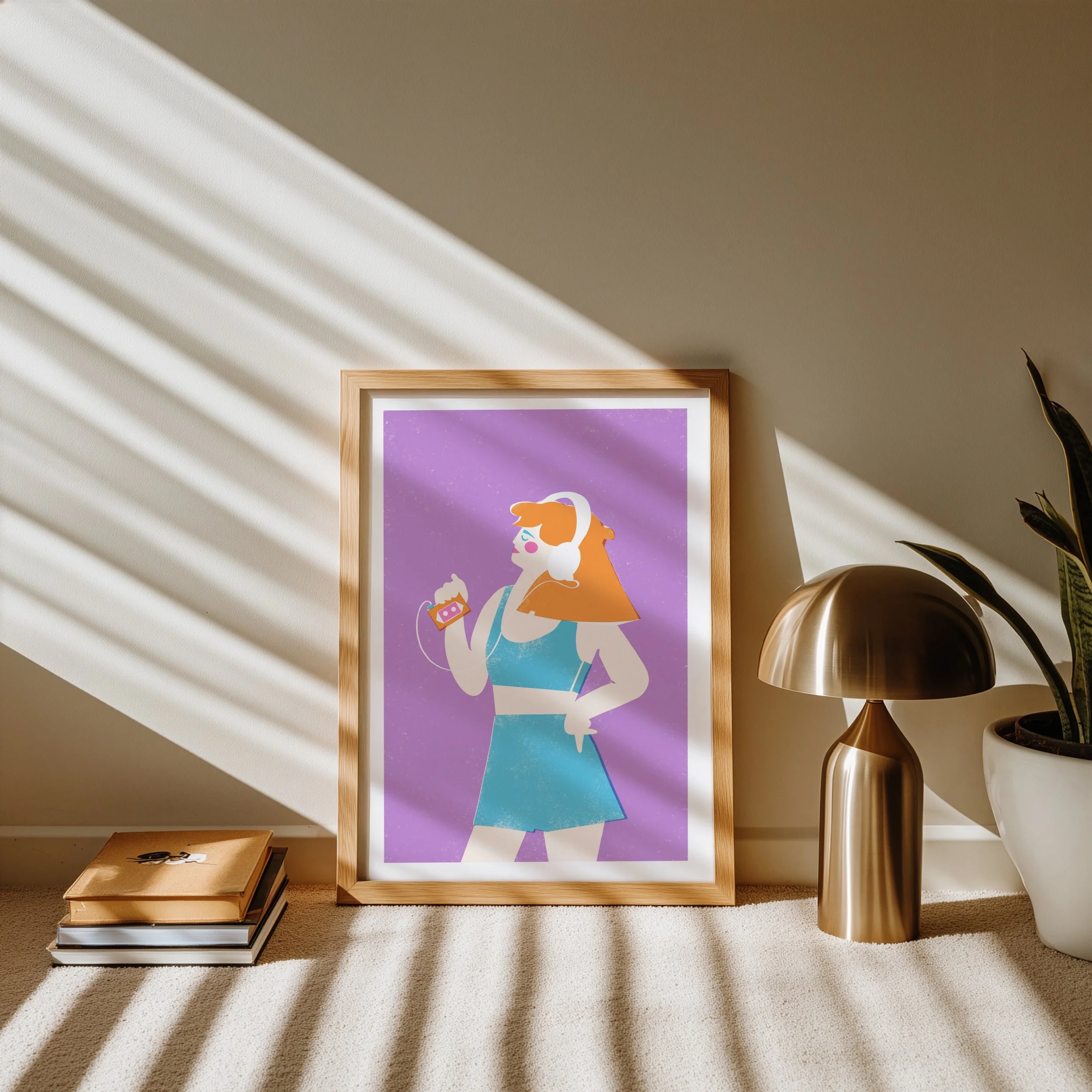 The "Main Character" portrait styled in a modern home interior on a wooden sideboard next to a stylish lamp, demonstrating how it looks as room decor.