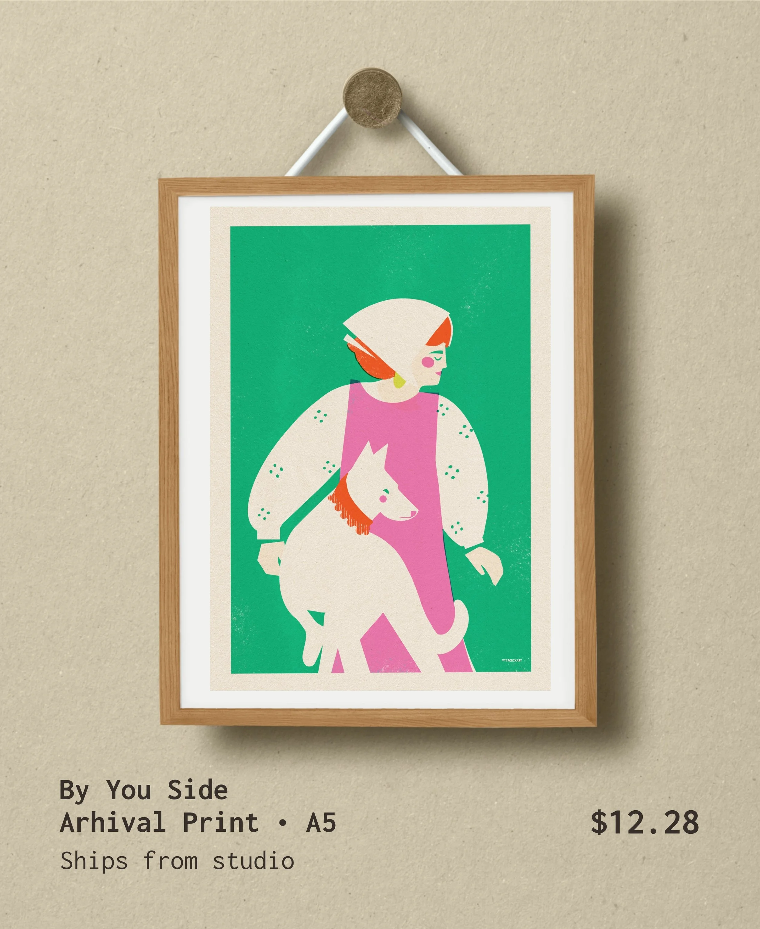 Minimalist illustration print of woman with dog, colorful archival A5 wall art for modern interior