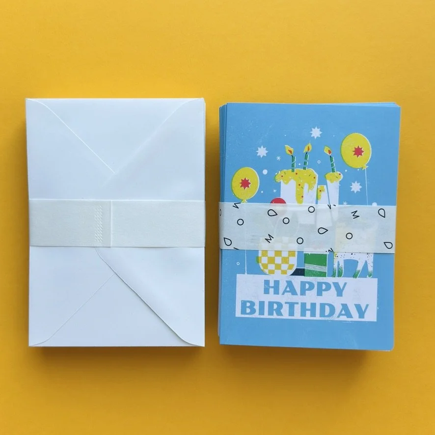 Happy Birthday greeting card with whimsical retro illustration and envelope