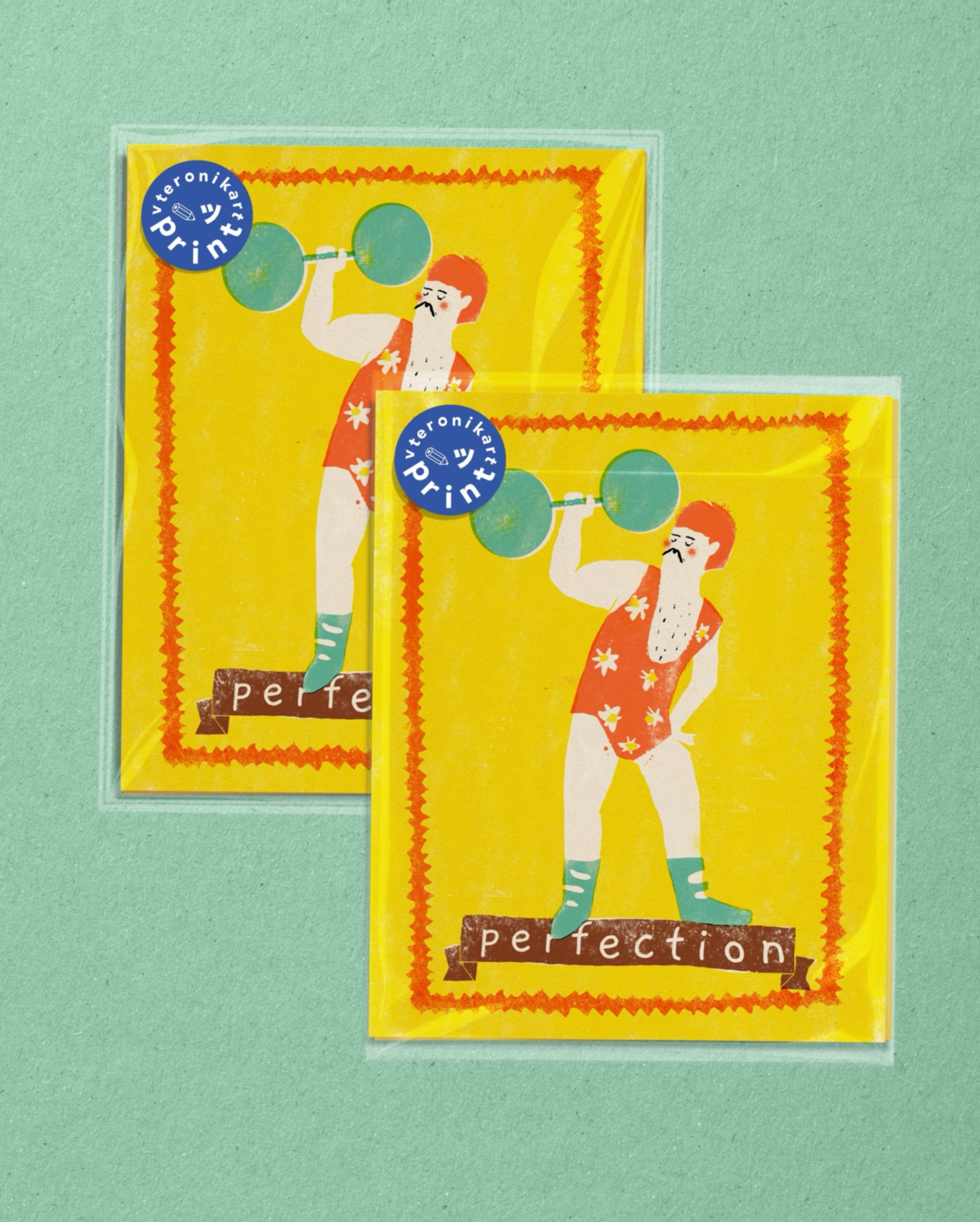 Perfection print in sleeves, men with weights, retro, vintage