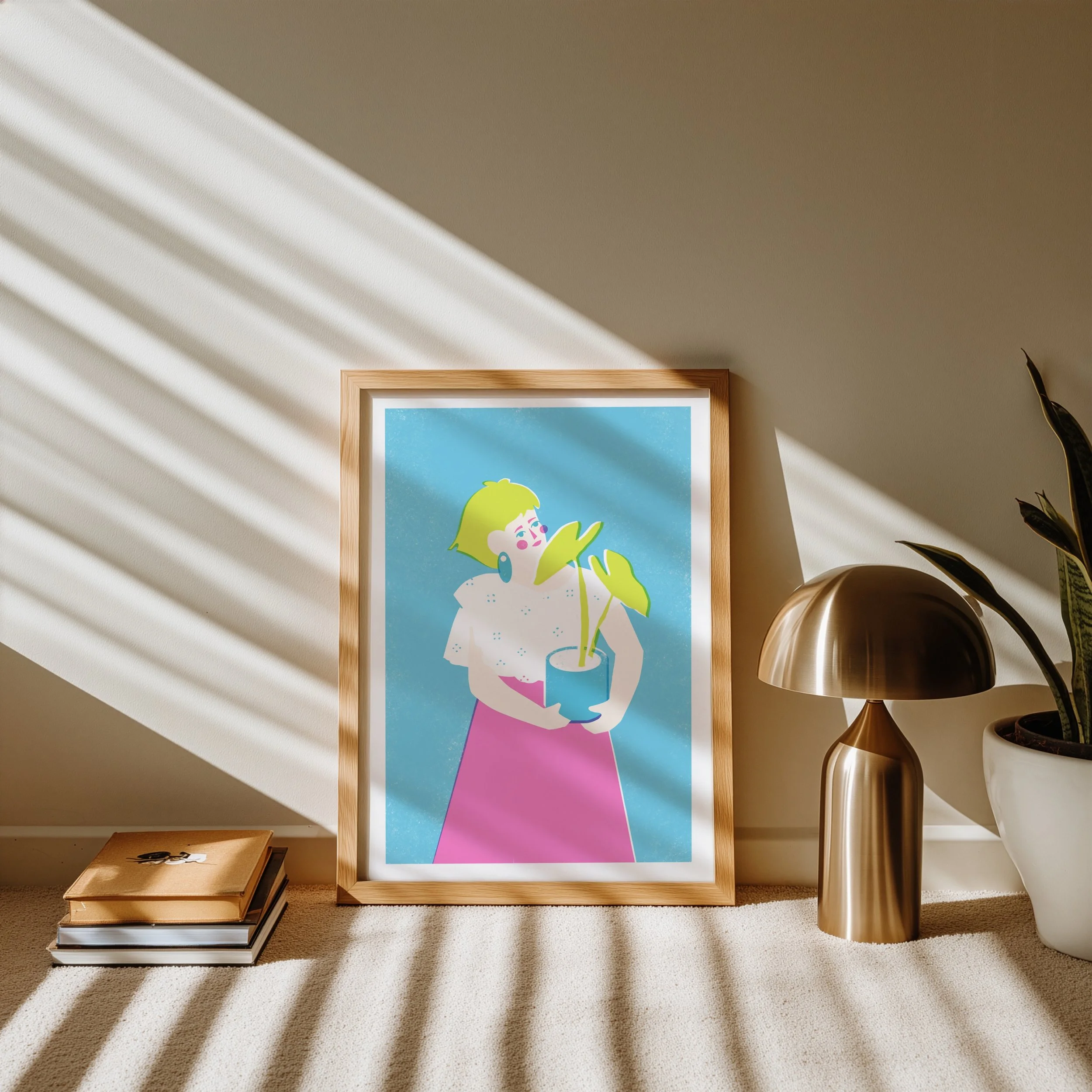 Modern illustration of a woman with yellow hair in a floral white blouse holding a potted plant, set in a light oak frame against a neutral wall.