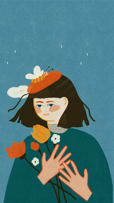 Illustration of a girl with black hair and fair skin holding flowers, with a bee and a worm on her hat against a blue background.