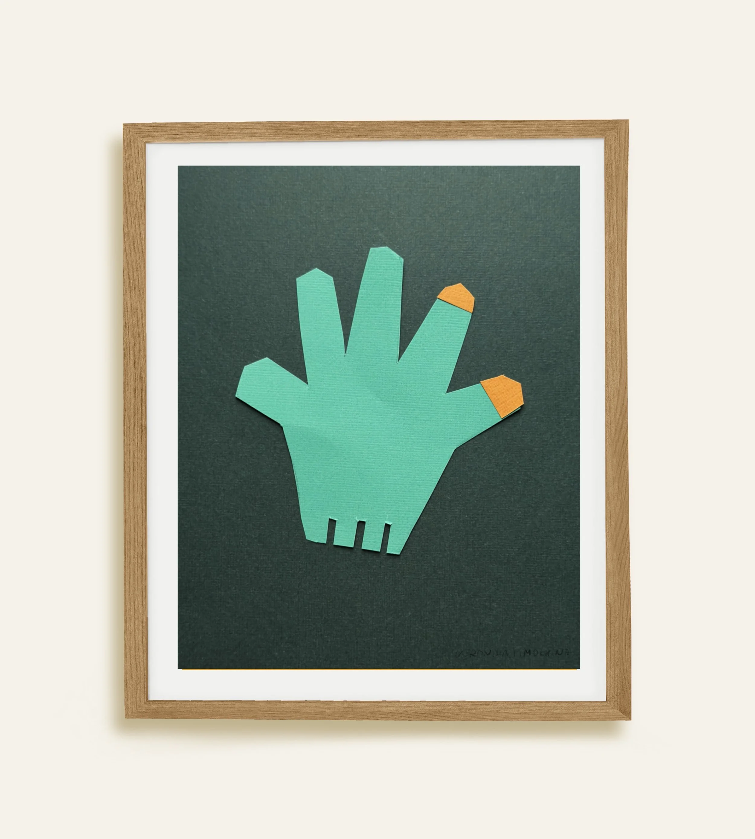 Hand-cut paper collage of glove, made from simple geometric shapes, photographed on a dark background, minimalist contemporary paper art