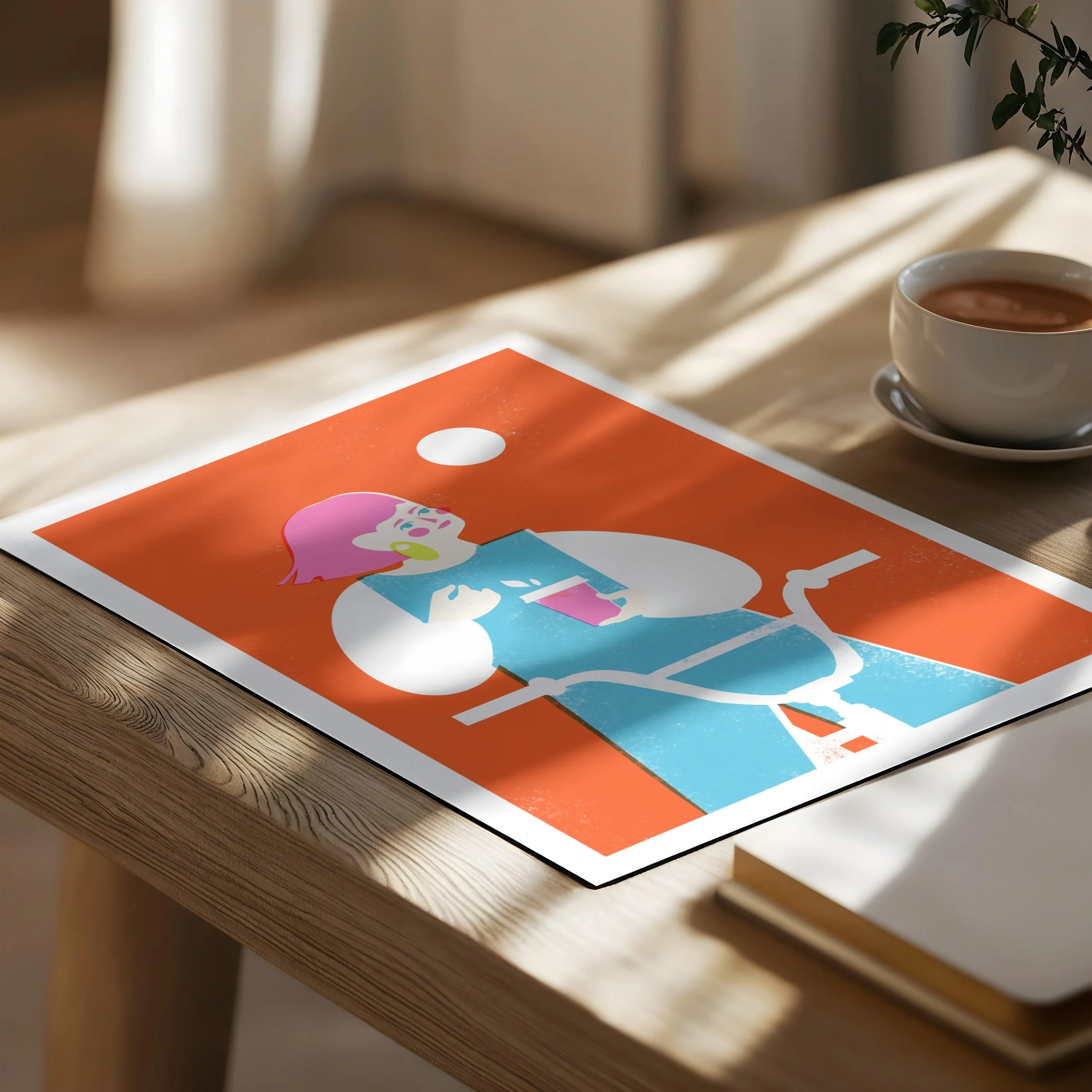 Modern illustration of a girl with pink hair holding a coffee cup next to a bicycle, set in a light oak frame against a neutral wall.