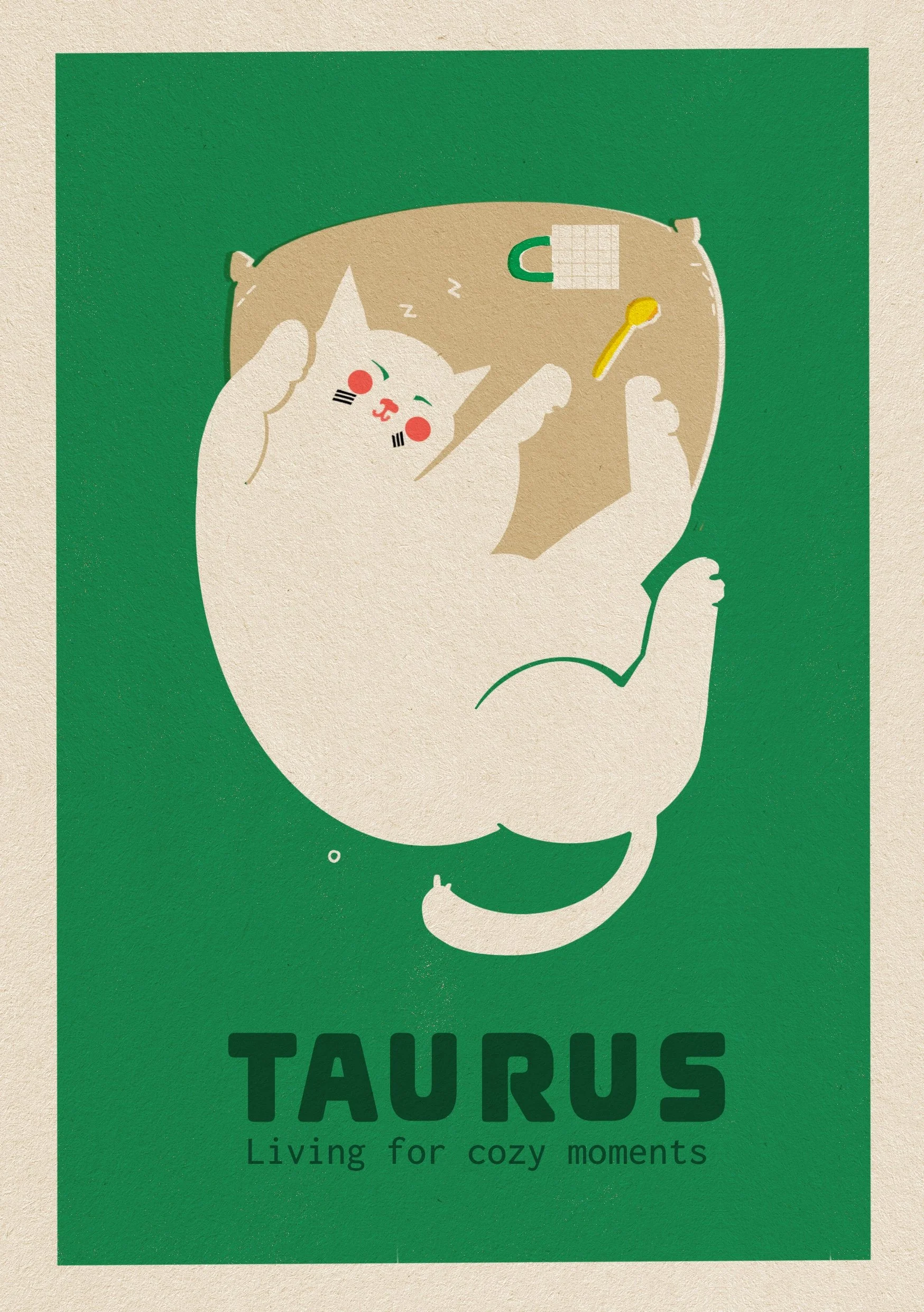 Taurus zodiac art print: white cat lounging with a pillow on green background. Text: "Taurus Living for cozy moments." By Vteronikart