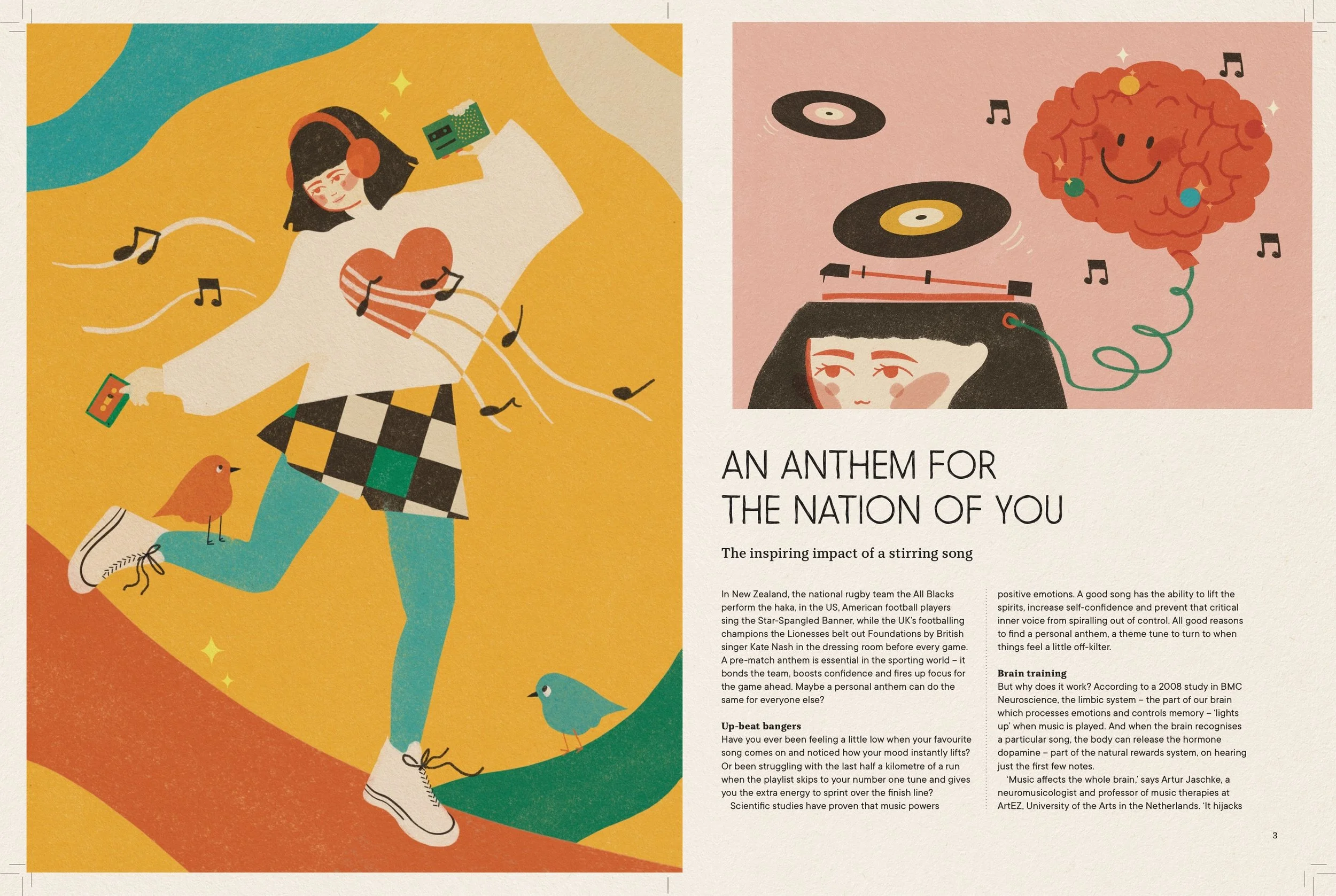 editorial illustration of a girl wearing headphones with musical notes, birds, vinyl records, and a smiling brain by vteronikart