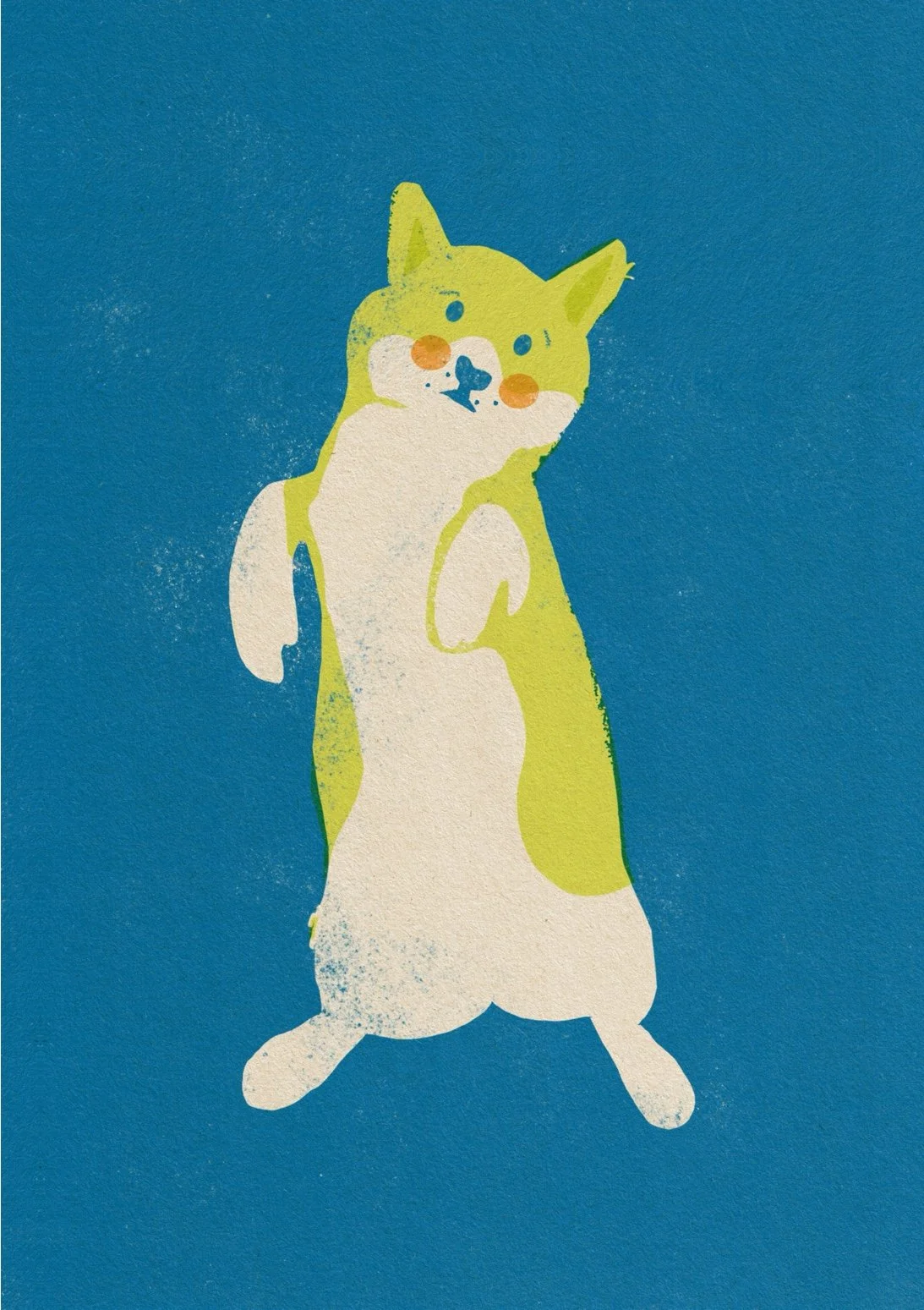 Colorful illustration of a standing corgi with an expressive pose on a bright blue background.