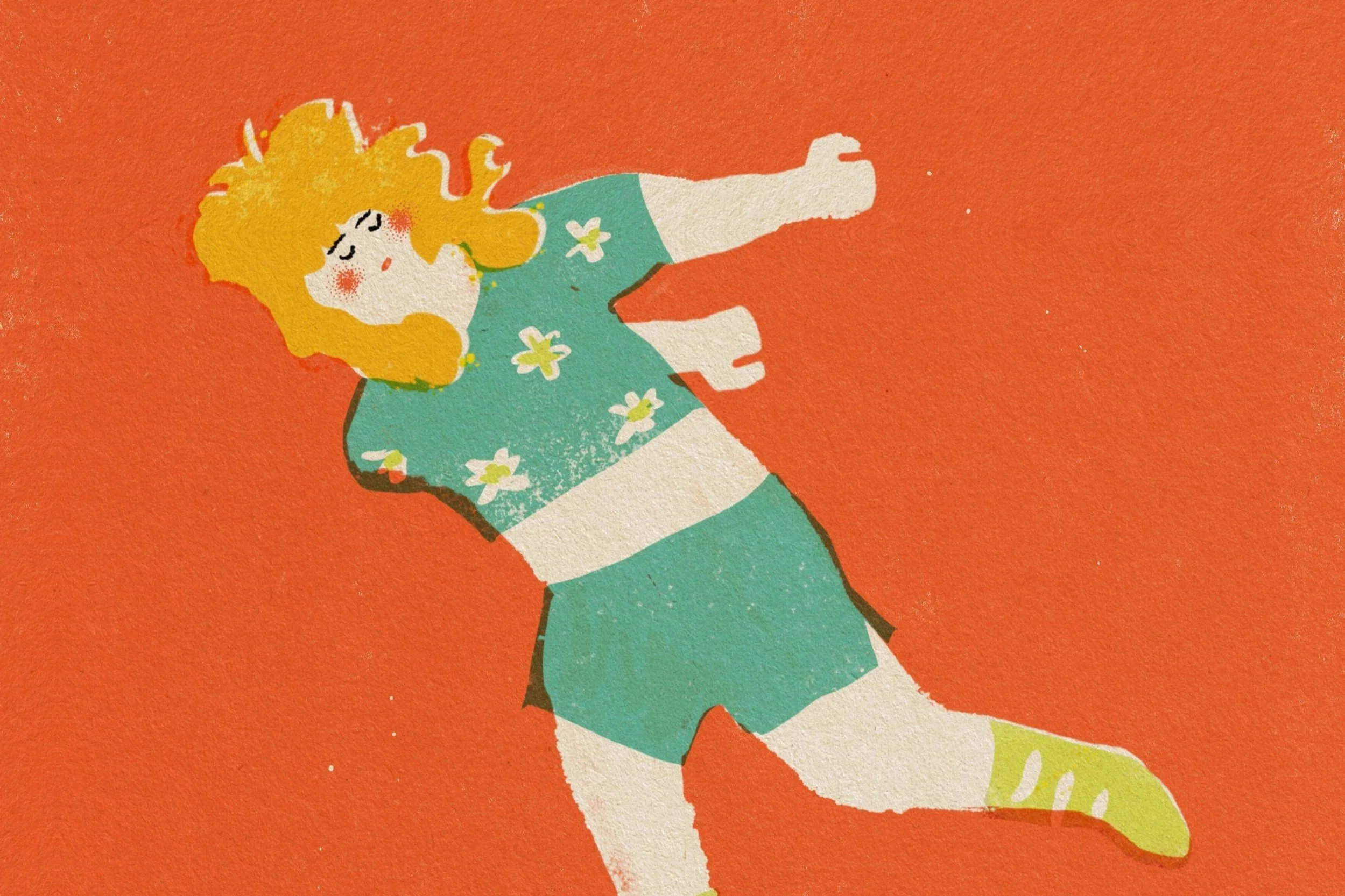 Balance illustration by Veronika Timokhina, showing a person in a green floral shirt in dynamic motion against an orange background — vteronikart studio, Cincinnati