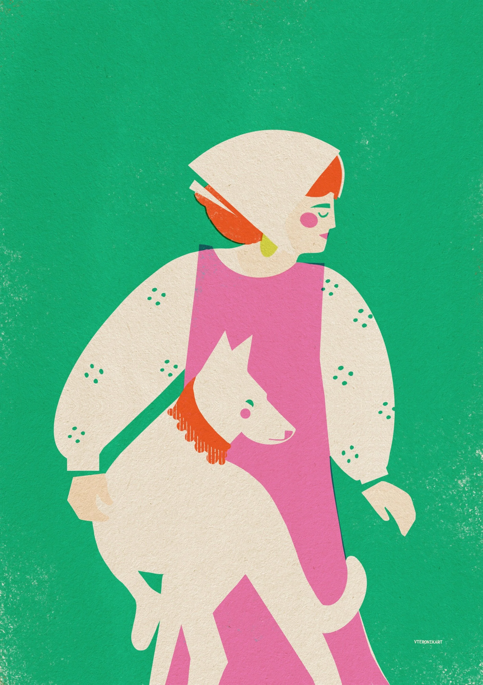 Retro woman with white dog art print in oak frame on neutral wall, pink and green colorful giclee illustration by Veronika Timokhina vteronikart