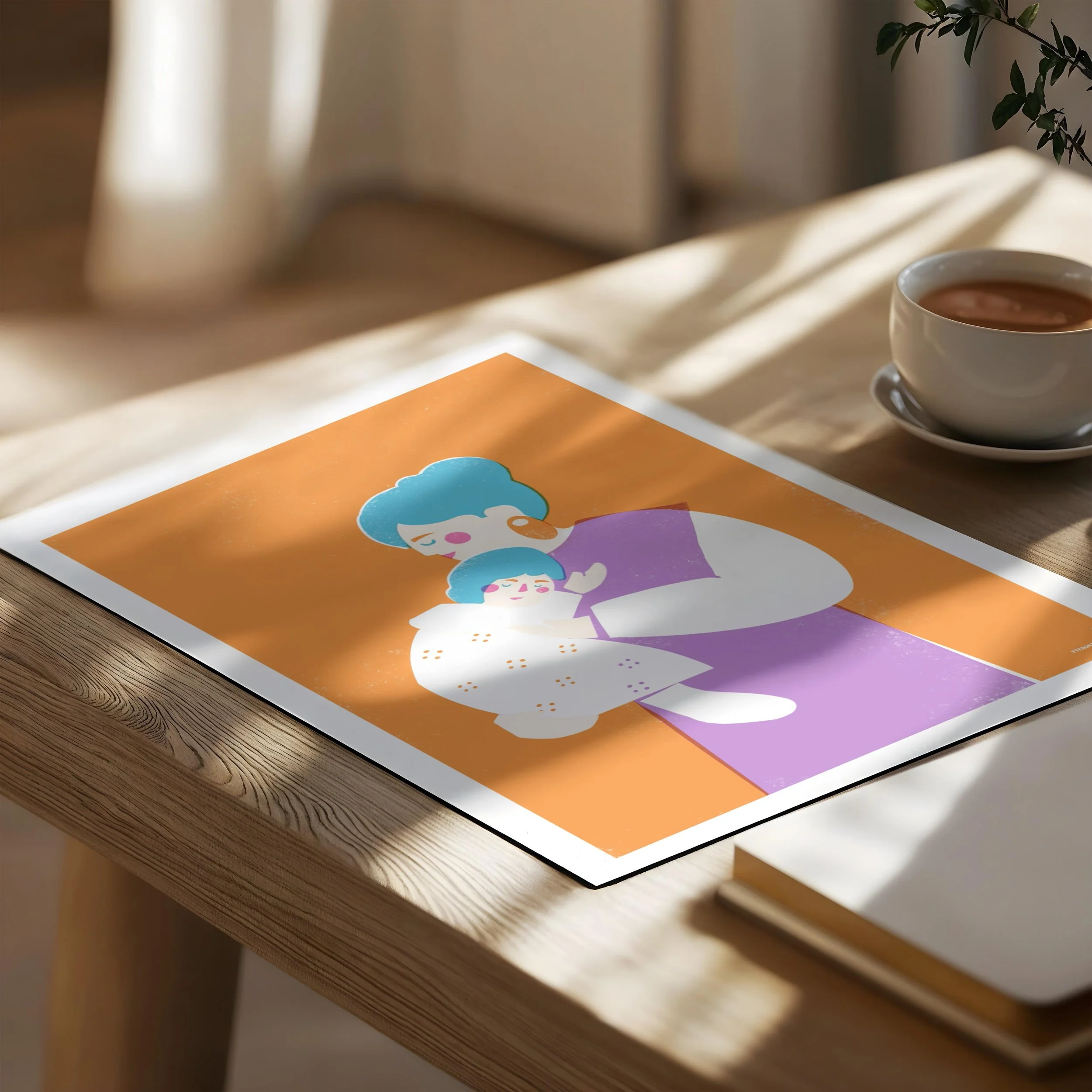 Mother holding baby art print flat lay on wooden table with coffee, orange purple retro illustration by Veronika Timokhina vteronikart