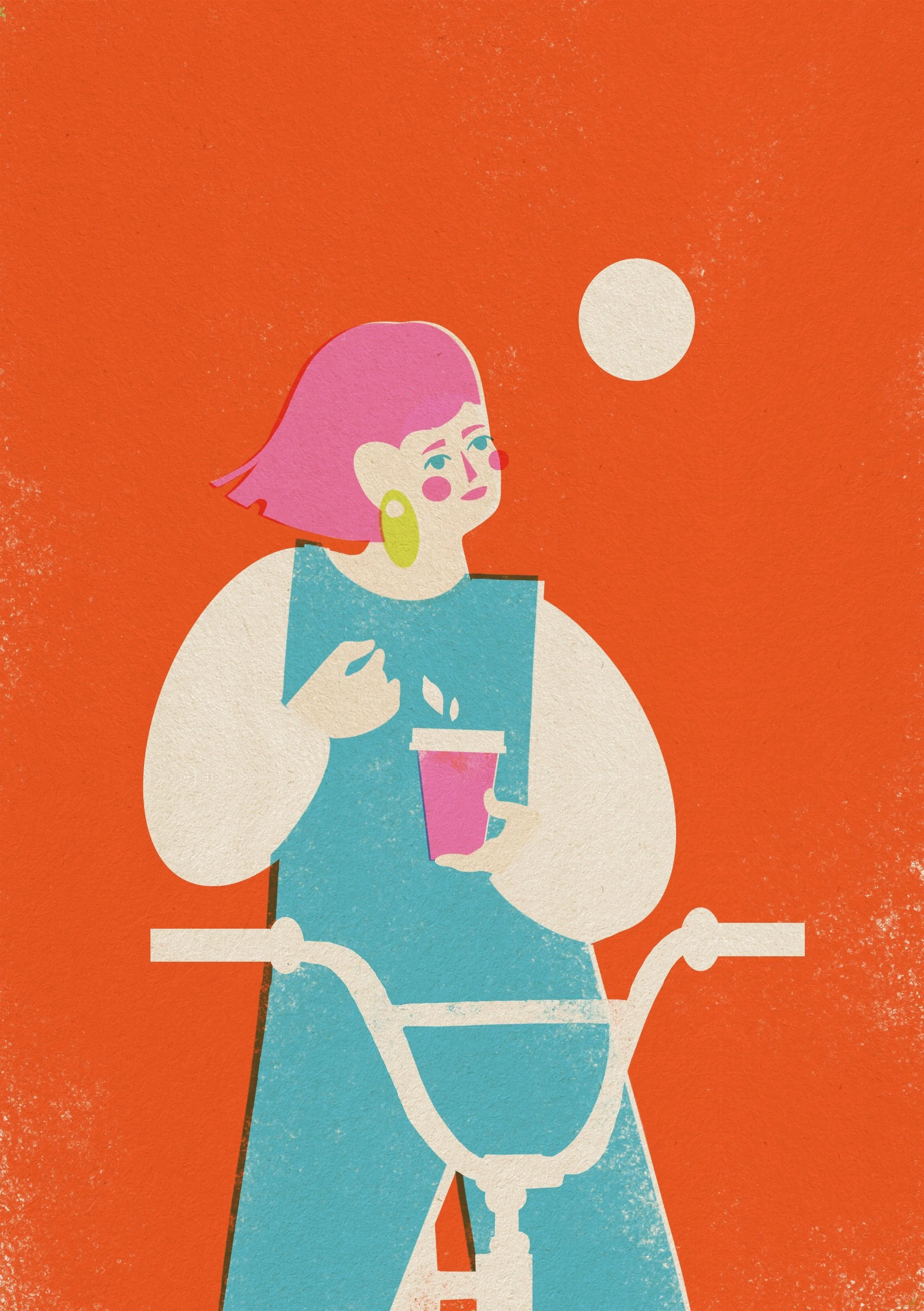 A stylized illustration of a woman with pink hair, wearing large yellow earrings and a blue dress, sitting on a white bench against an orange background, holding a cup in one hand and a smartphone in the other, with a white circular moon in the sky.