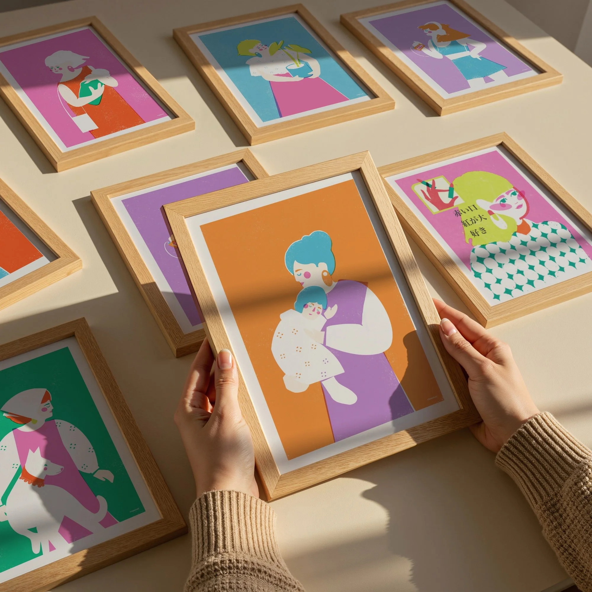 Hands holding All the Love mother and baby art print from Portraits of Her collection, colorful framed female portraits displayed by Veronika Timokhina vteronikart