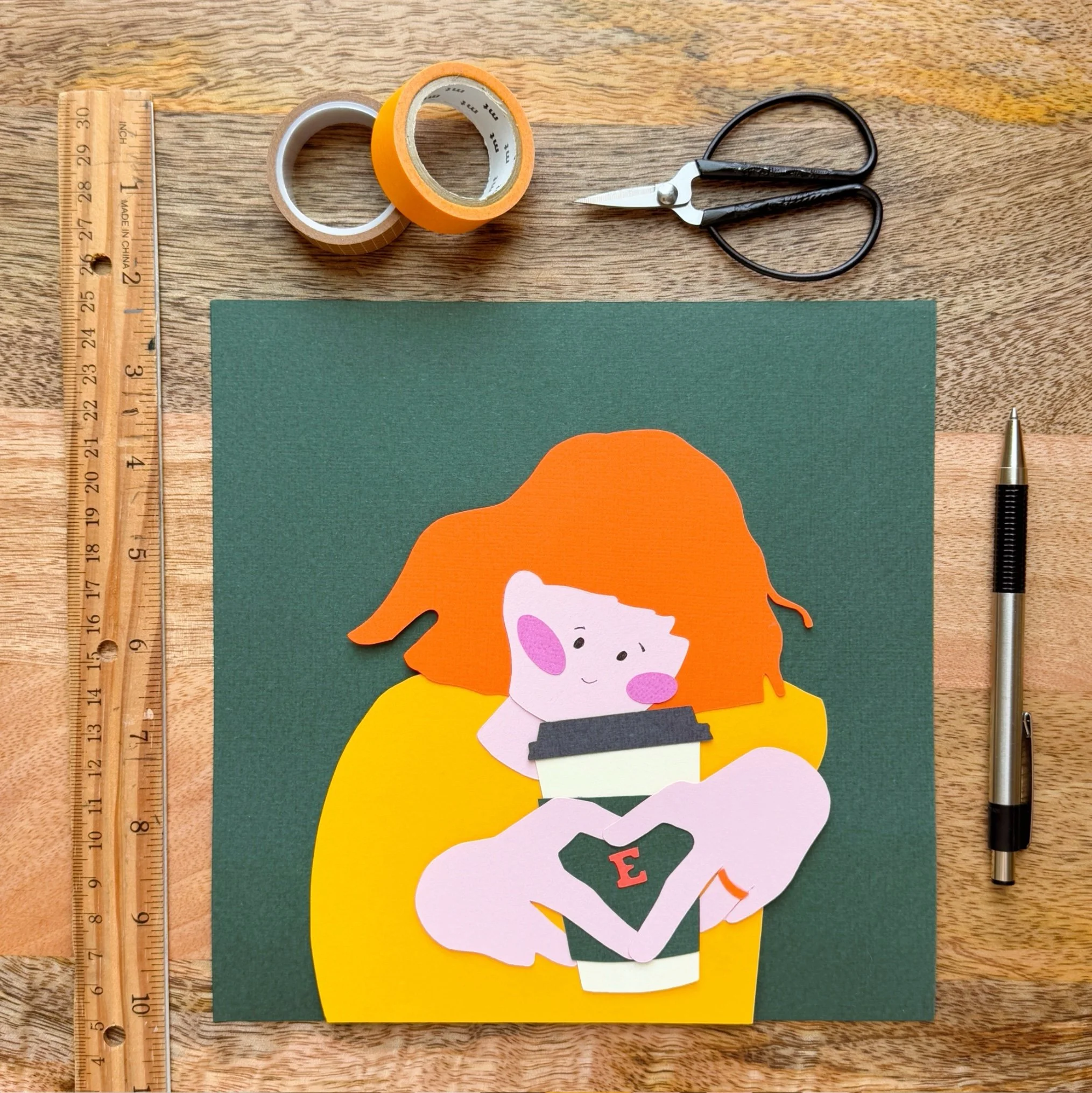 coffee, morning routing, cute character, paper illustration, wall art, handmade decor