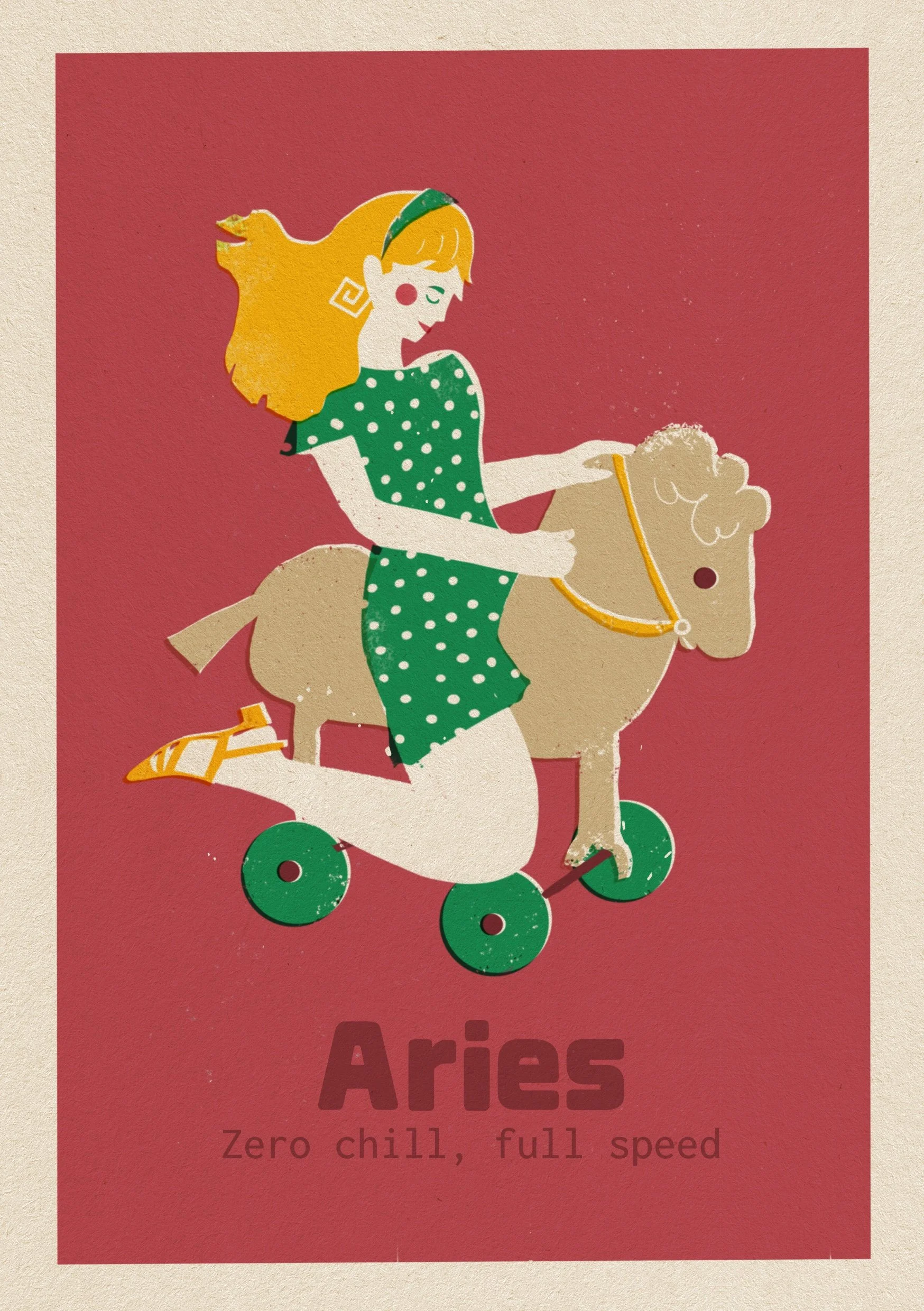 Aries zodiac art print: white cat on a red background in risograph style. Text: "Aries - The bold and the brave." By Vteronikart.