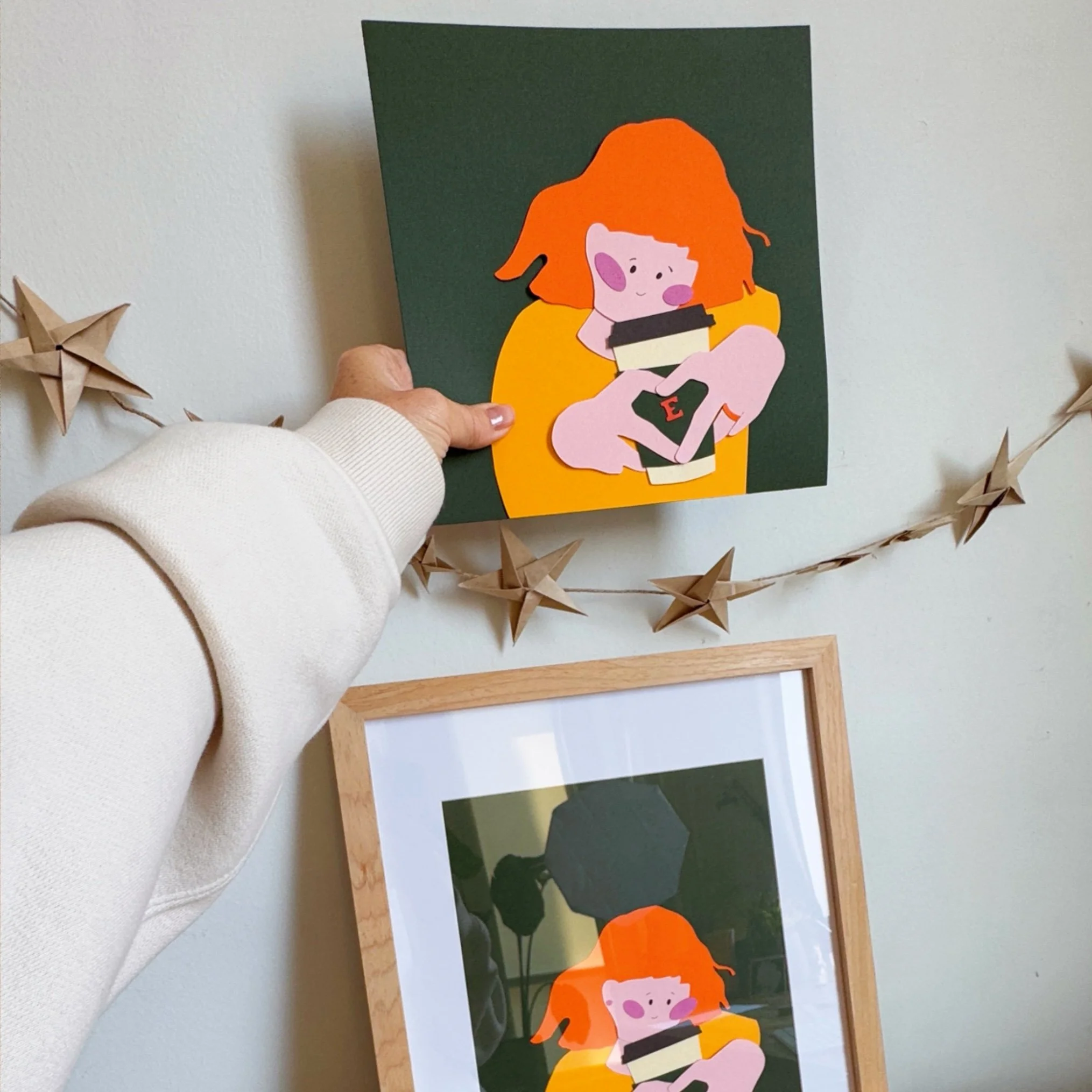 coffee, morning routing, cute character, paper illustration, wall art, handmade decor