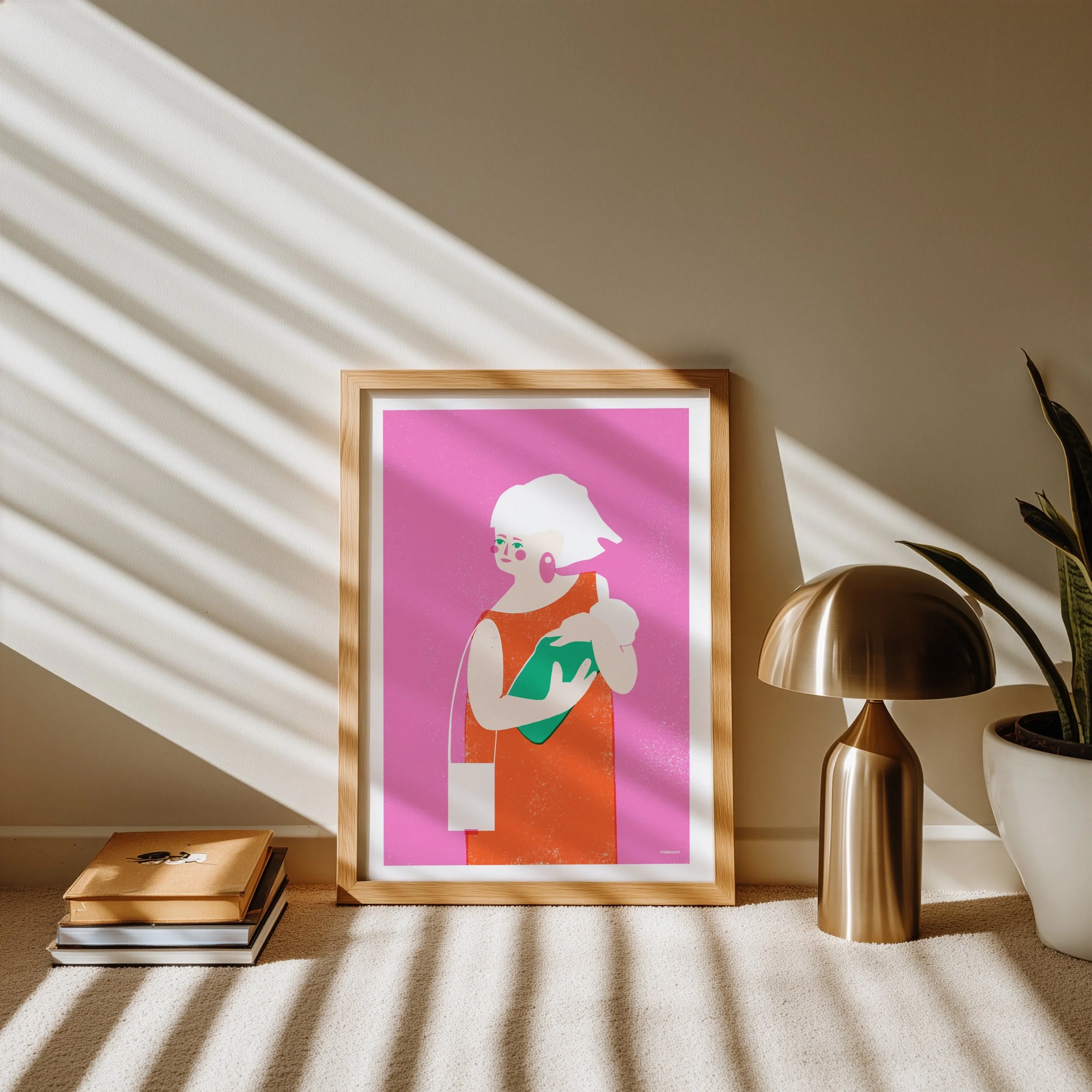 Framed mother and newborn retro art print in cozy home with gold lamp and plant, pink orange wall decor by veronika timokhina vteronikart