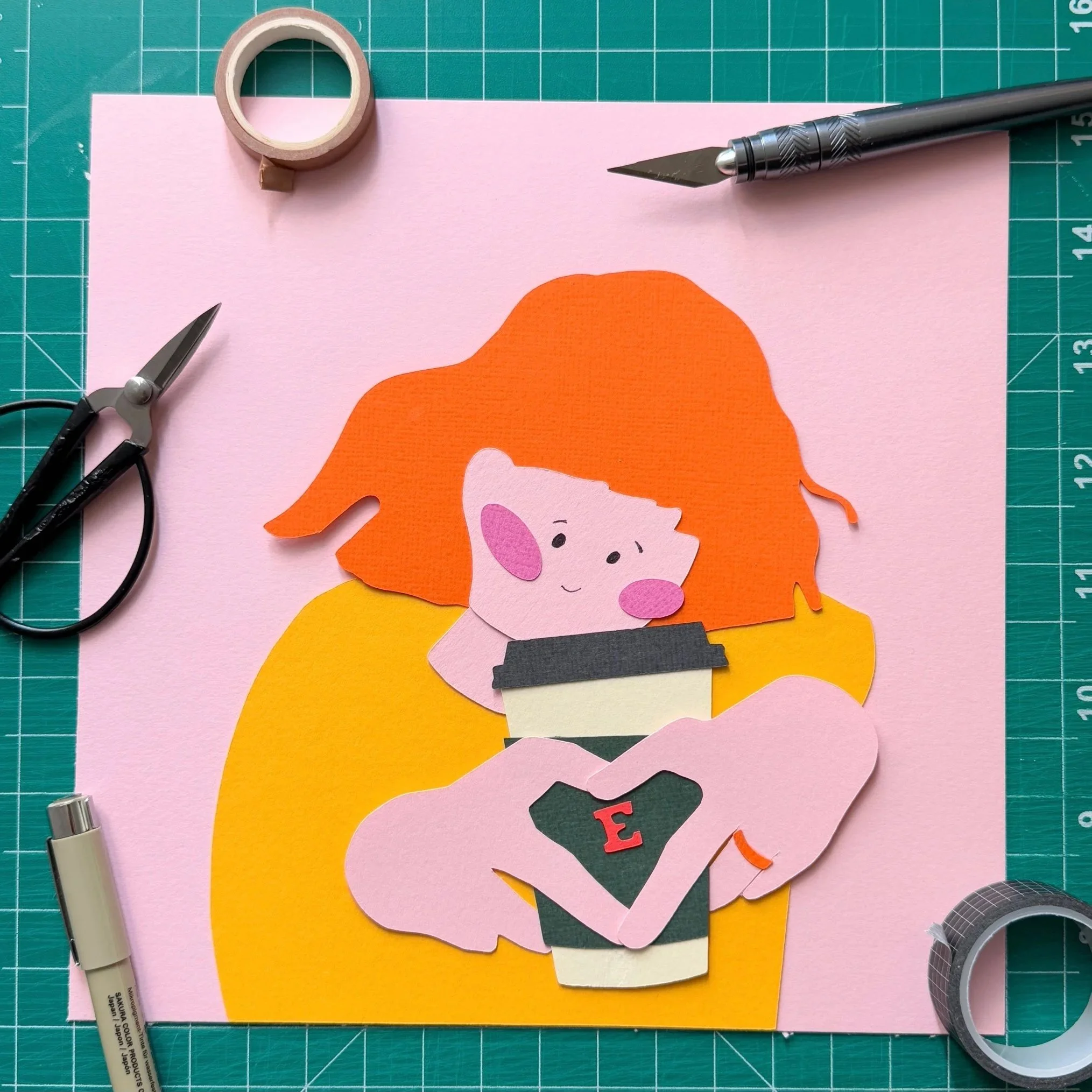 coffee, morning routing, cute character, paper illustration, wall art, papercut