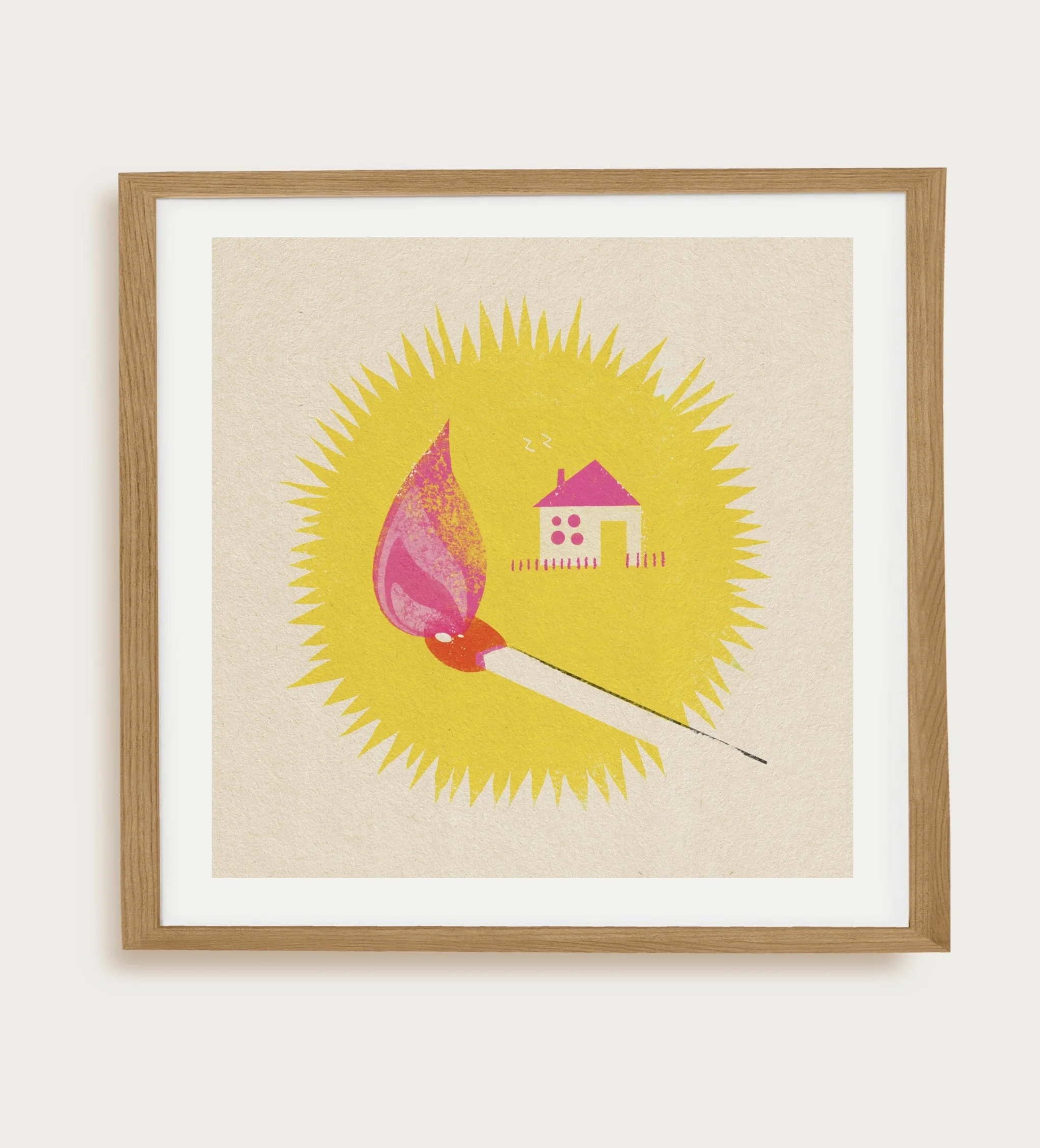 Colorful illustration of a burning match with a pink flame and a tiny house glowing inside a bright yellow circle on a warm cream background
