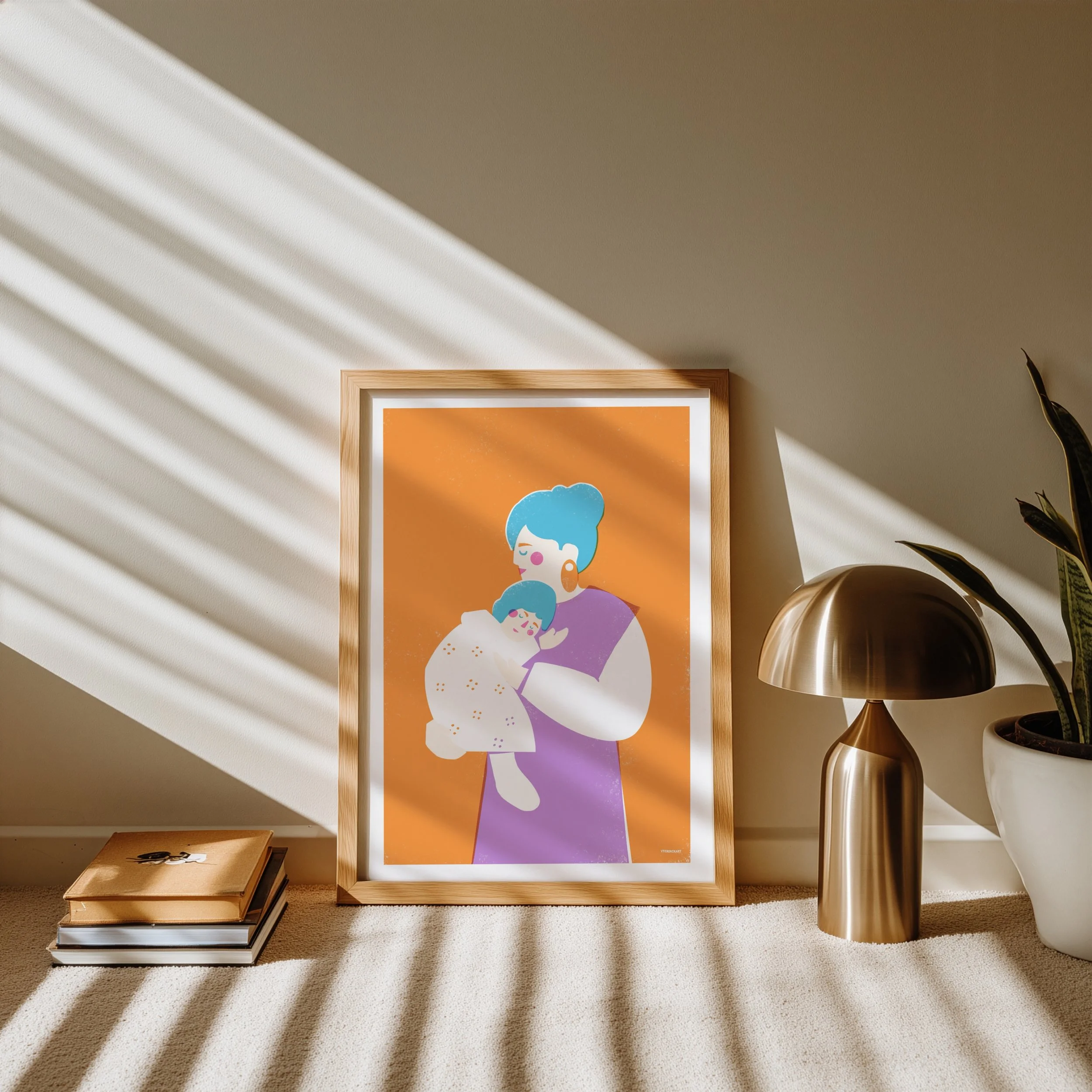 Framed mother and newborn retro art print in cozy home interior with gold lamp and plant, orange purple wall decor by veronika timokhina vteronikart