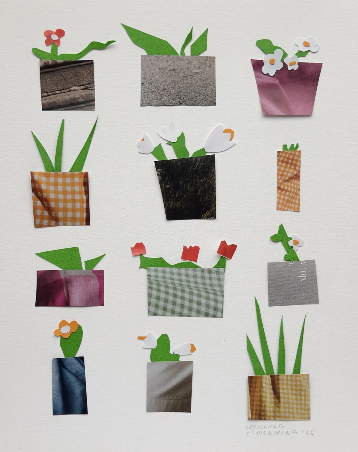 Cute little flowers collage, handmade, green leaves, white and red flowers