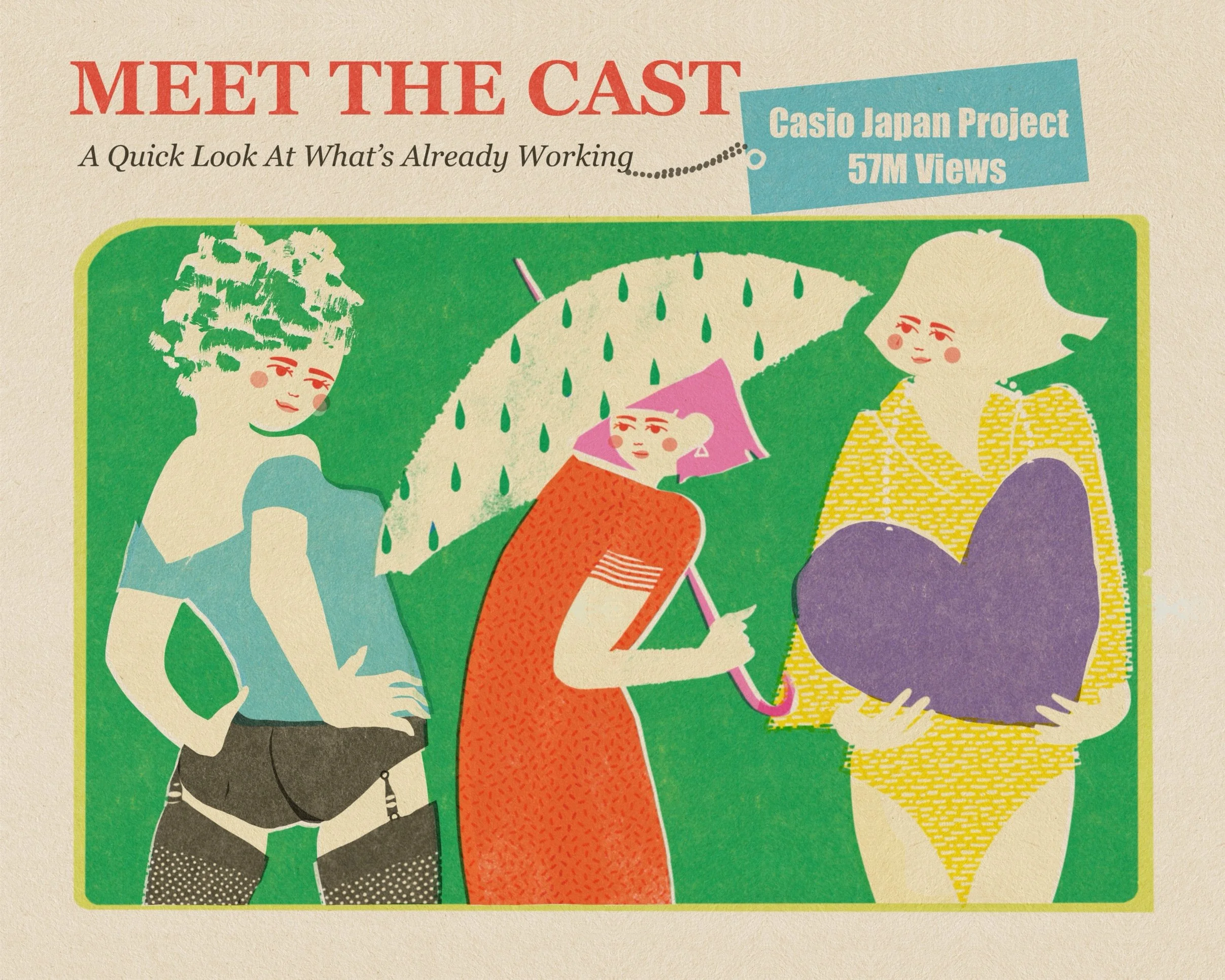Illustrated banner: three retro-style characters under an umbrella, with a Casio Japan project callout (57M views)