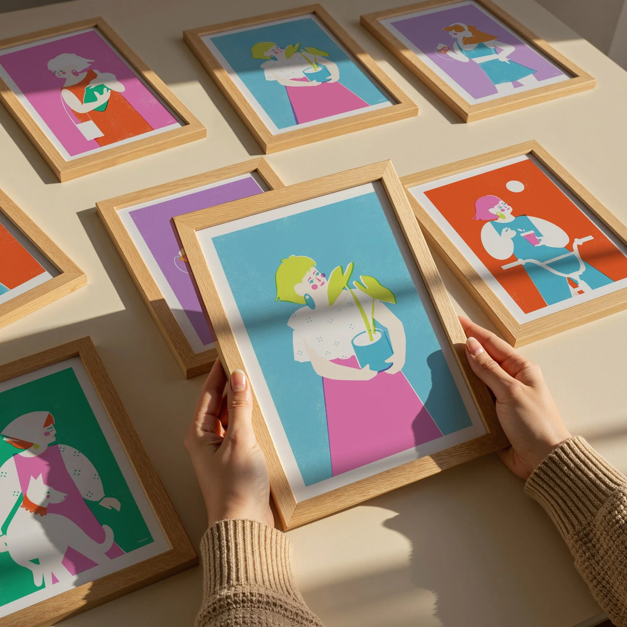 Modern illustration of a woman with yellow hair in a floral white blouse holding a potted plant, set in a light oak frame against a neutral wall.