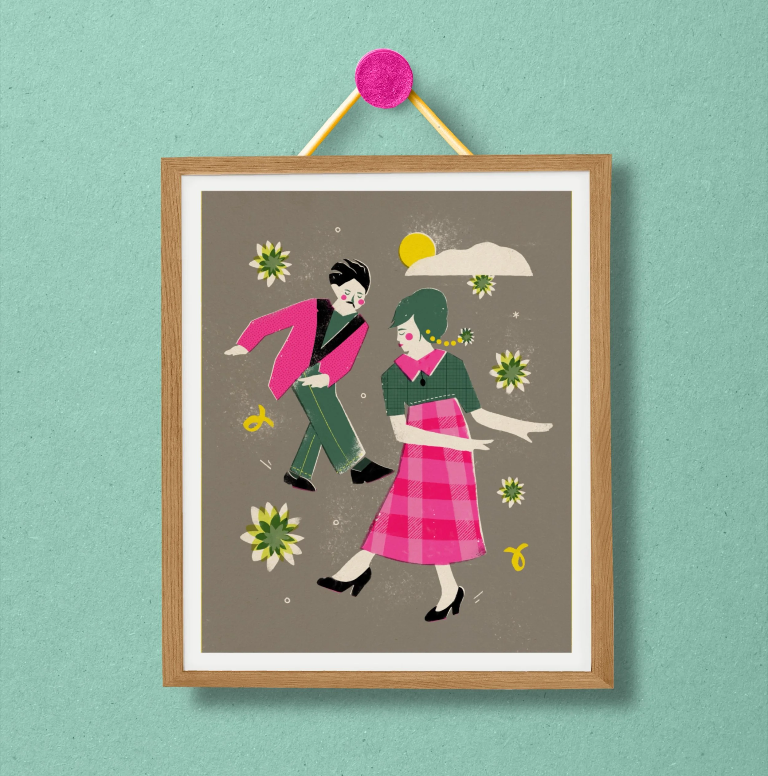 Romantic dancing couple art print. Retro 80s style illustration with stars and clouds. Limited edition archival wall decor