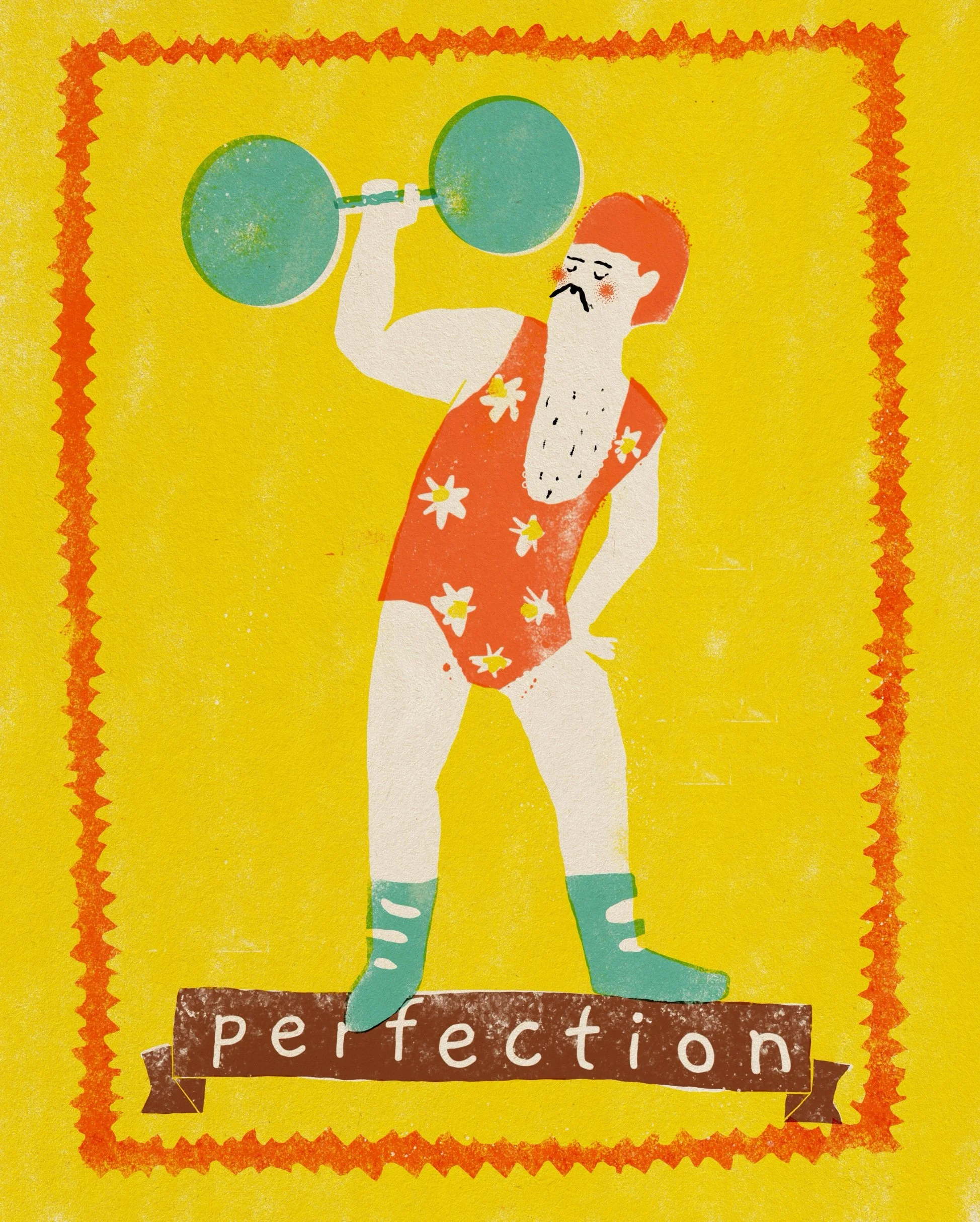 Perfection digital artwork, risograph print, retro yellow , orange, blue, red colors, men with weights