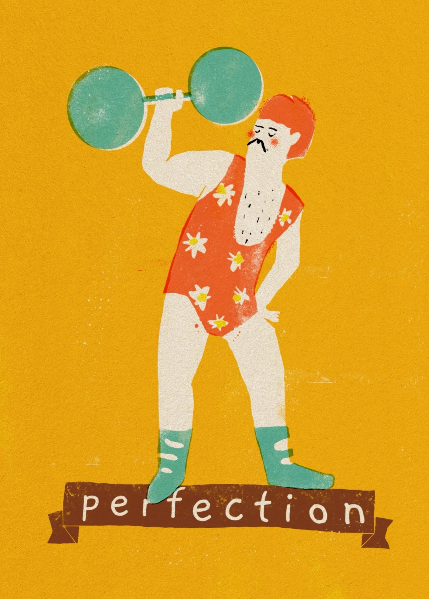 Perfection digital artwork, risograph print, retro yellow , orange, blue, red colors, men with weights